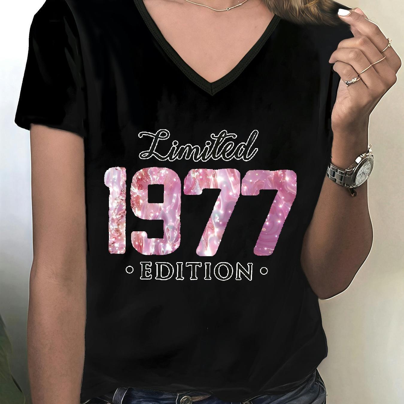 TEMU Women's 1977 Edition Vintage Print V-neck T-shirt - Soft Lightweight Short Sleeve Casual Top With 70s Retro Number 77 Design, Machine Washable