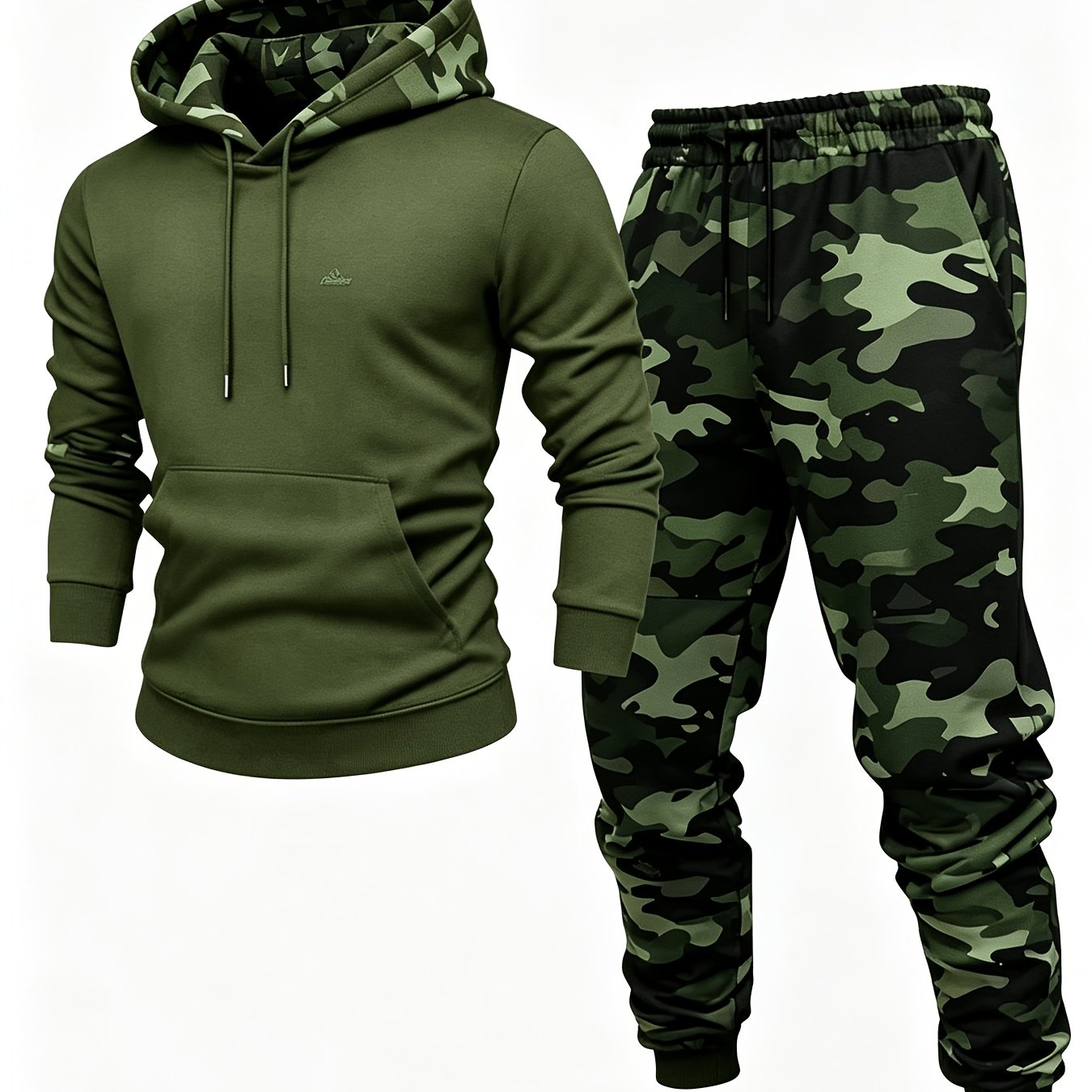 Image of Men's Army Green Plain Hoodie Dark Green Camo Jogger Pants 2pcs Set