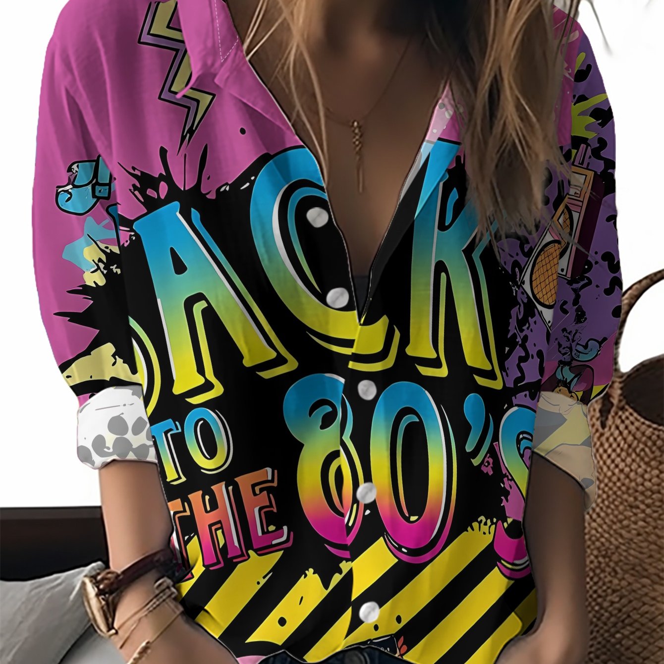 TEMU 1980s Retro Style Women's Long-sleeve Shirt With Fashionable Printed Patterns, Made Of, Perfect For Casual Everyday Wear