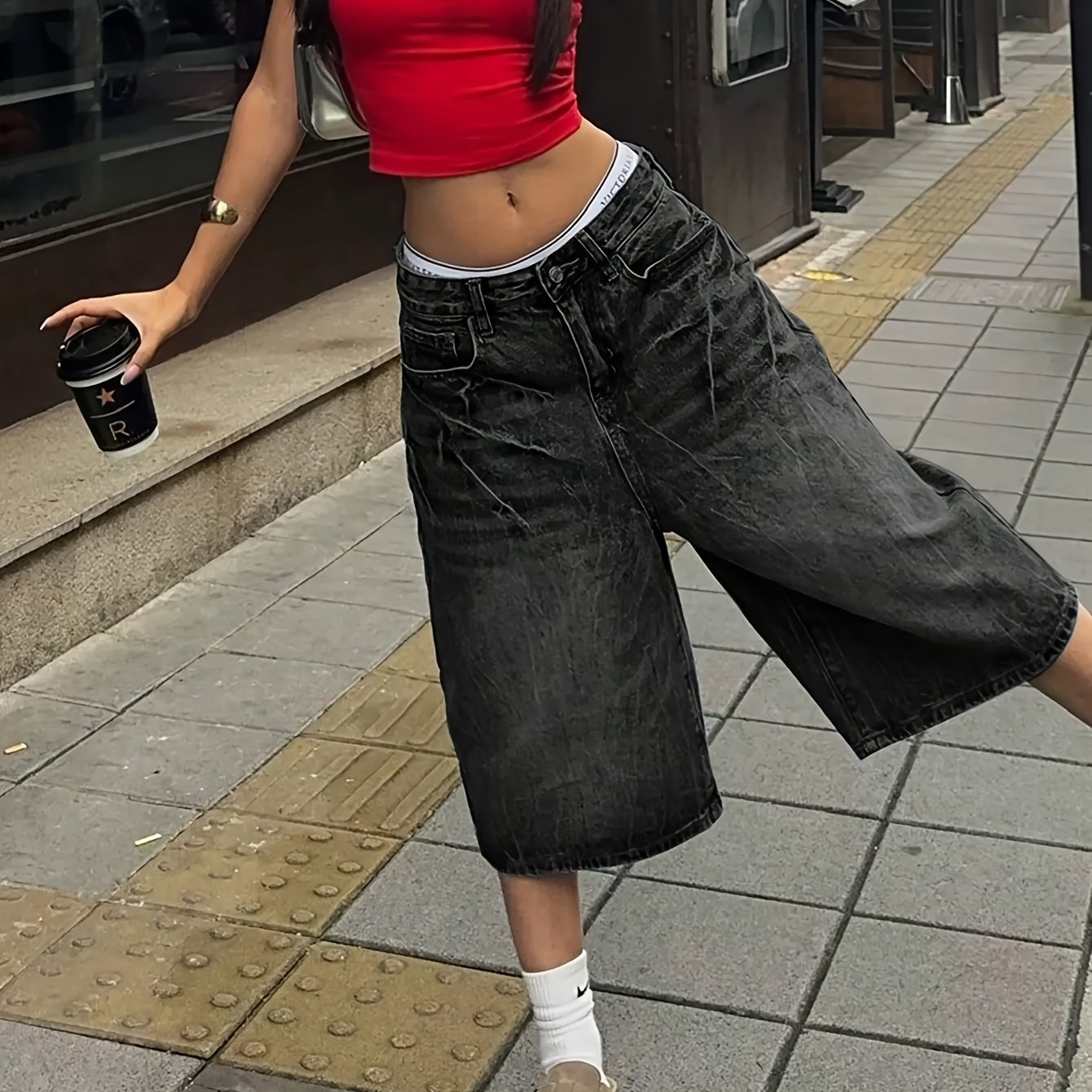 Washed Lightning Pattern Loose Fit Denim Shorts