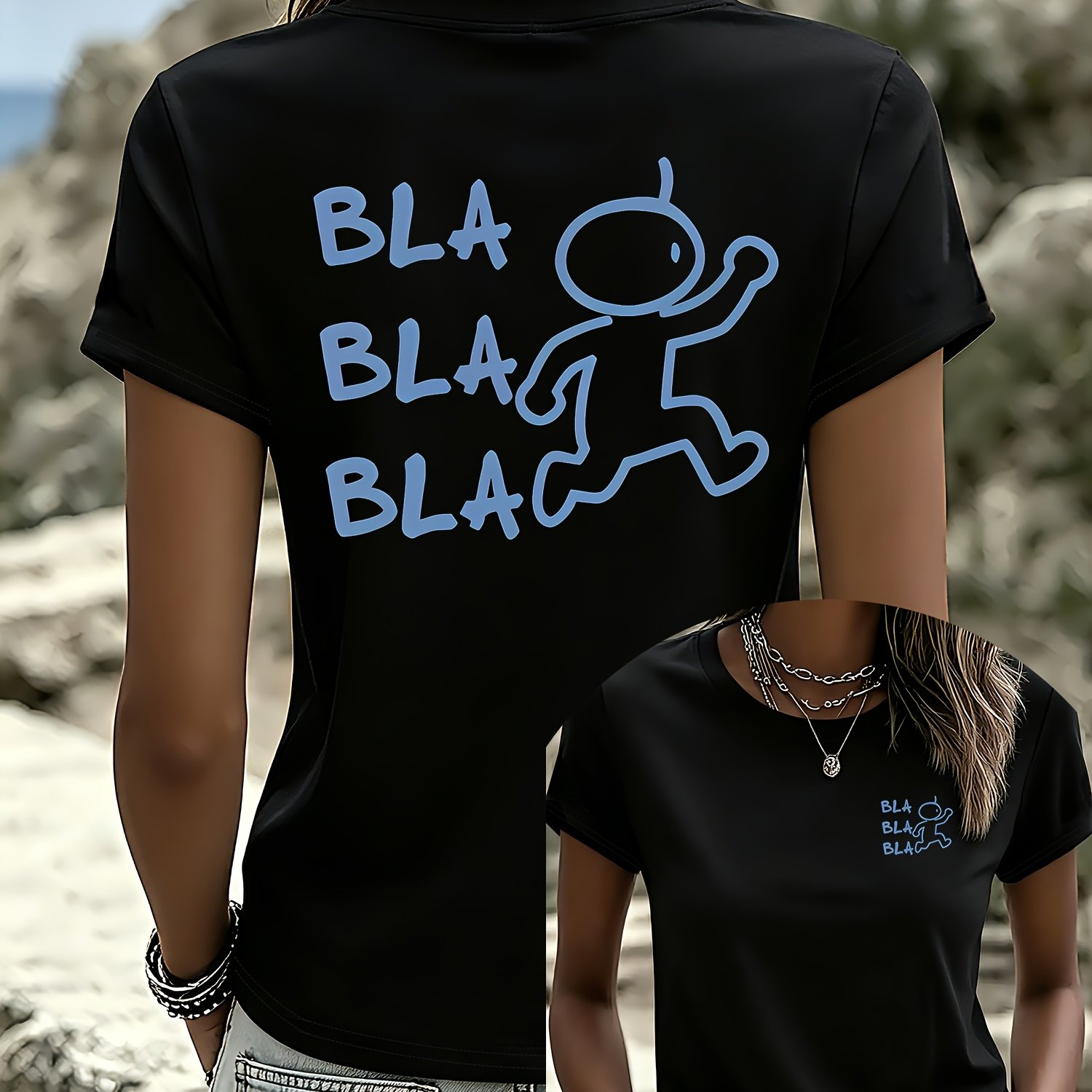 TEMU Women's Bla T-shirt - Double-sided Chest & Back Print With Bla Lettering & Iconic Figures, Casual Crew Neck Short Sleeve Top, Machine Washable