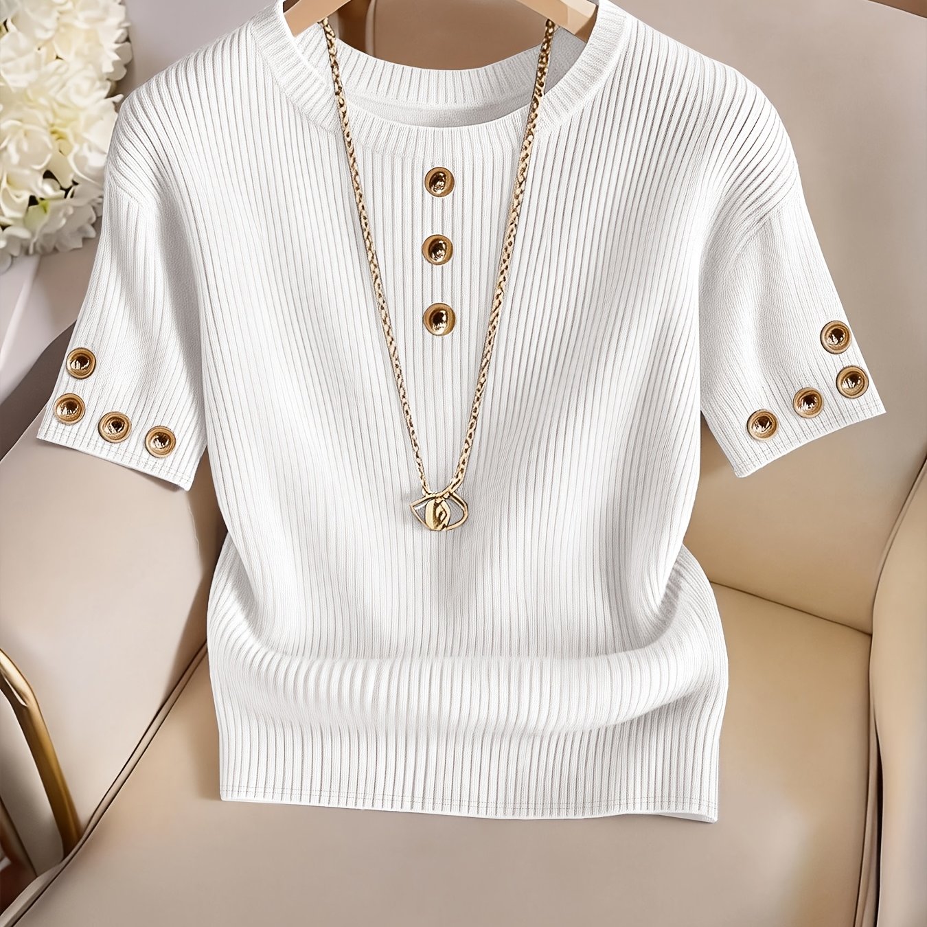 TEMU Plus Size - Plus Size - Plus-size Women's Stylish Ribbed Fabric Solid Color Round Neck Button Short Sleeve Top