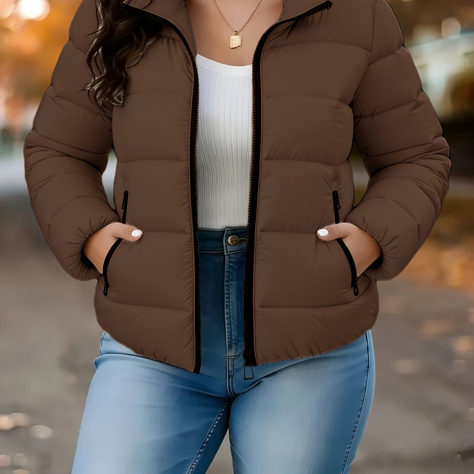 TEMU Women's Elegant Winter Warm Full-zip Stand Collar Jacket - Wrinkle-free Coats, Korean-style Zip-up Outerwear, White/beige Options. High-quality,