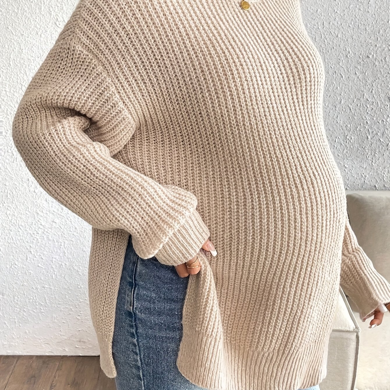 TEMU Maternity Casual Crew Neck Sweater - Loose Fit, Long Sleeve, Beige, Fall/winter, Comfortable Pregnancy Clothing, Maternity Clothes