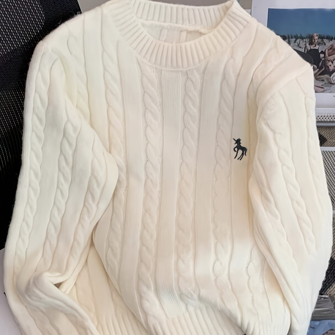 TEMU Autumn/winter Lazy Style Embroidered Round Neck Cable Sweater For Women, New Loose Fit Outerwear Top