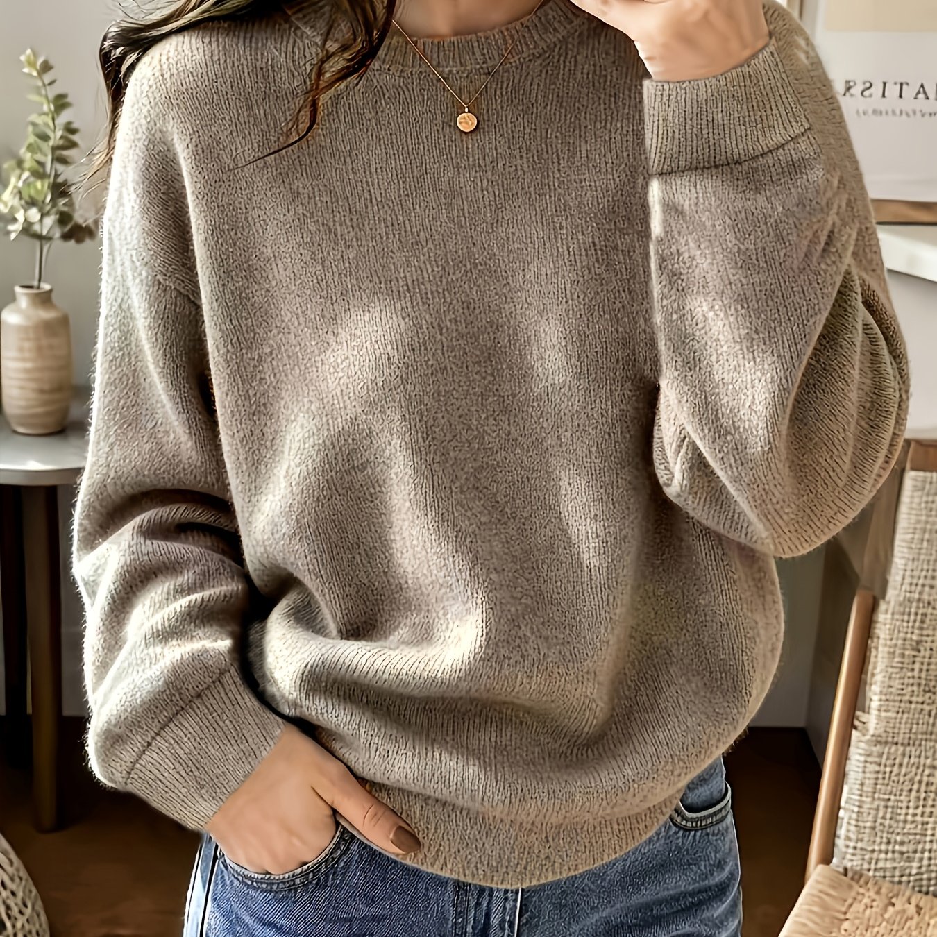TEMU Plus Size, Women's Plus Size Solid Color Loose Crew Neck Sweater, Long Sleeve Soft Casual Fall Winter Pullover Top