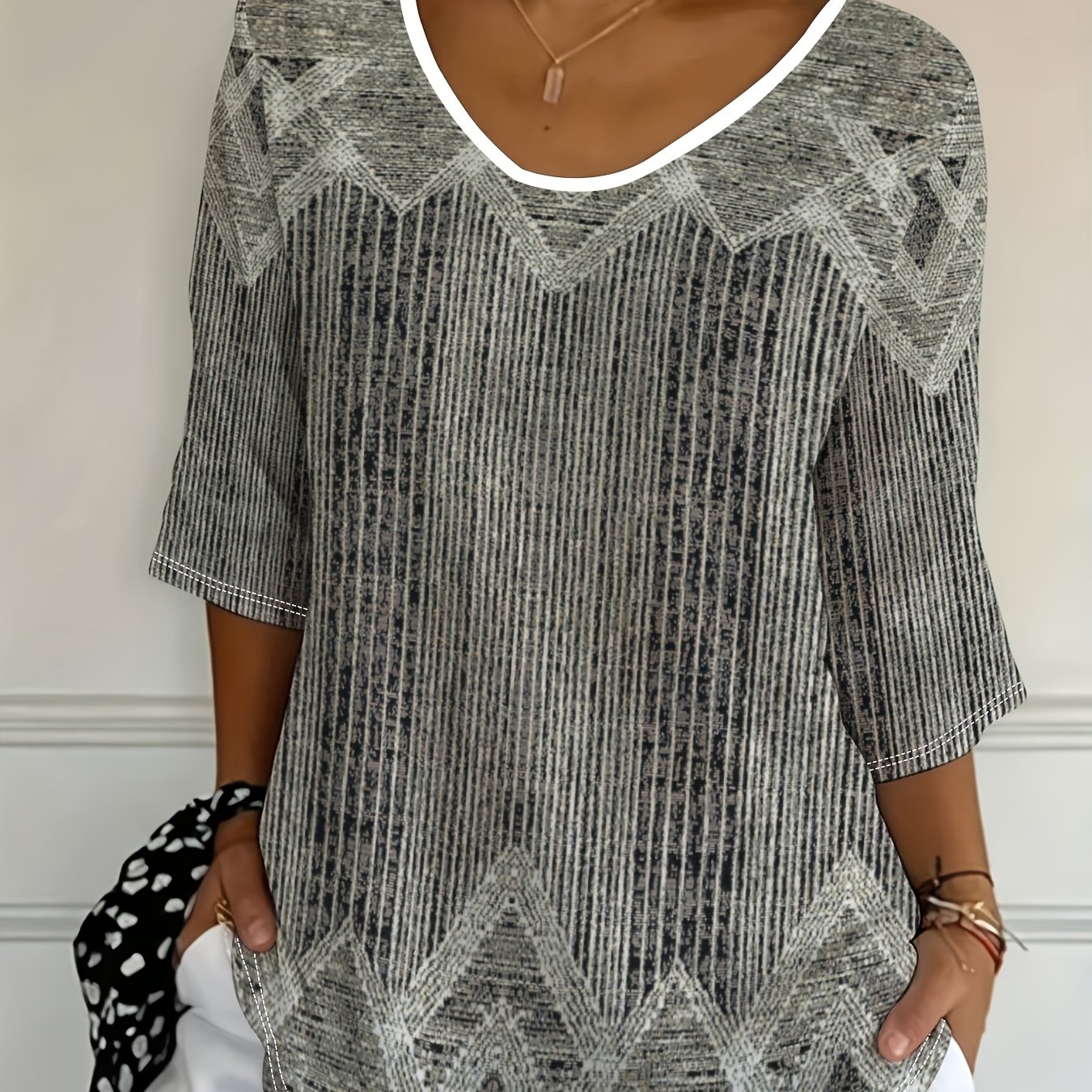 TEMU Plus Size - [printed Design - Not Texture] Casual Striped Printed Top