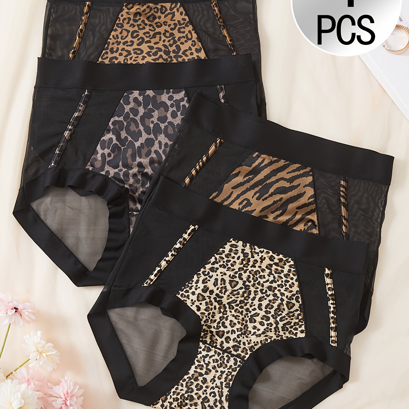 TEMU 4pcs New Leopard Print Women's Panties, High-waisted Tummy Control -lifting, Breathable, Comfortable, Quick-drying, Sexy Semi-sheer Briefs