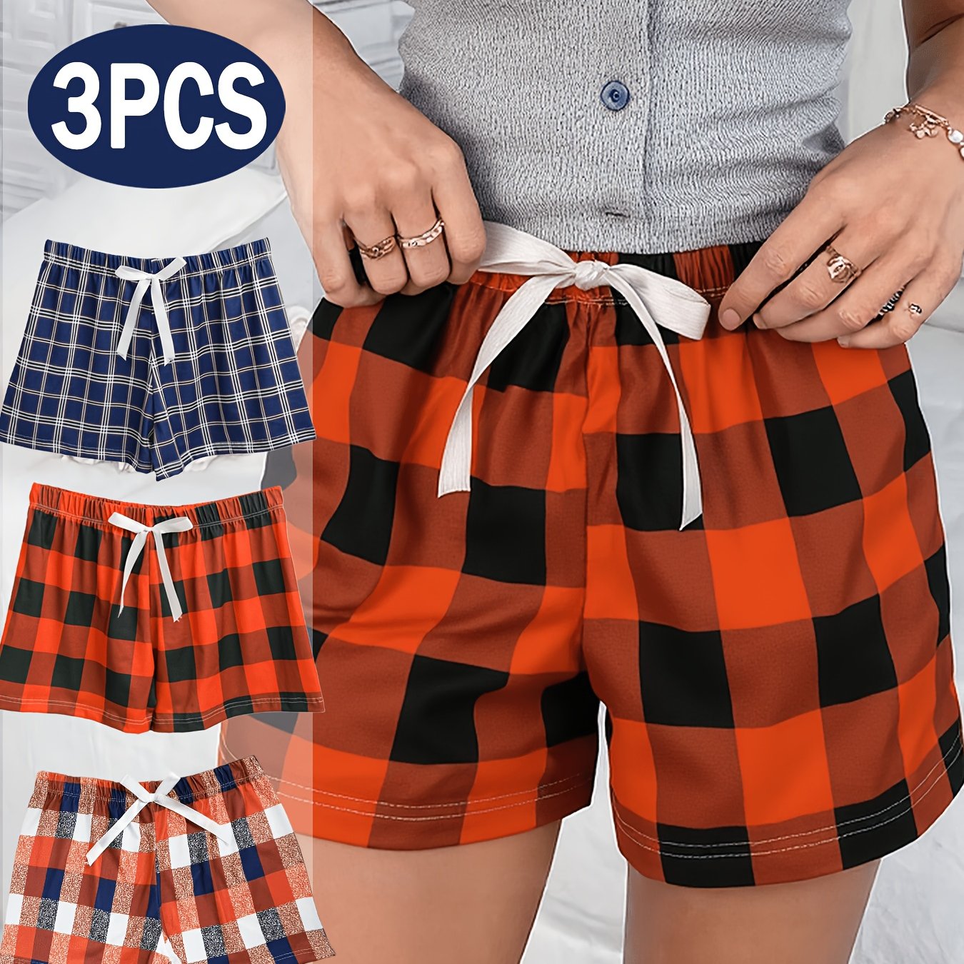 TEMU 3pcs Casual Women's Elastic Waist Plaid Print Pajama Shorts, Lounge Wear, Sleepwear, Women's Comfortable Casual Shorts Set Of Three, With Bow