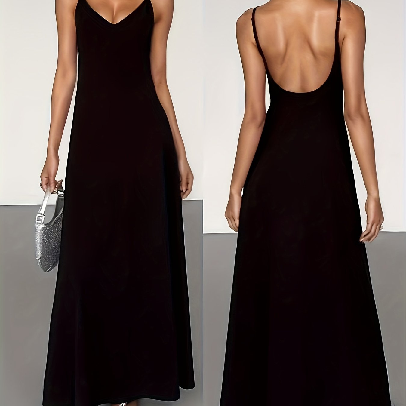 Women's Black Spaghetti Strap Backless Dress, Summer Long Slim--cinching High-end Designer