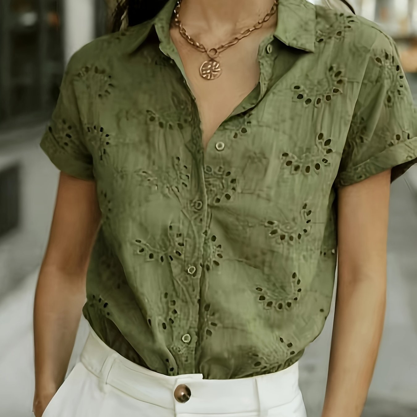 TEMU Women's Short-sleeve Shirt With Front Buttons, Made Of Solid-colored Fabric. Lightweight And Soft