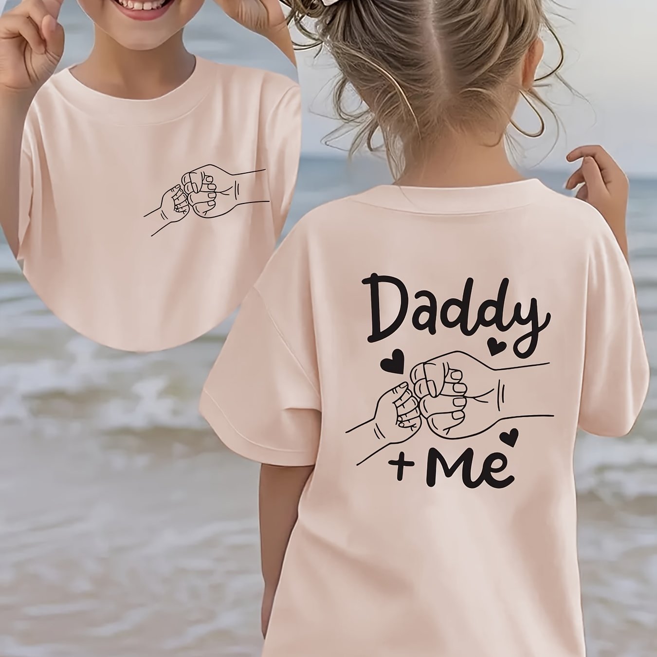 Image of Summer Fashion Girls' Short-sleeve T-shirt "daddy + Me" Bump And Heart Cartoon Double-sided Versatile Top Ny-dx4322