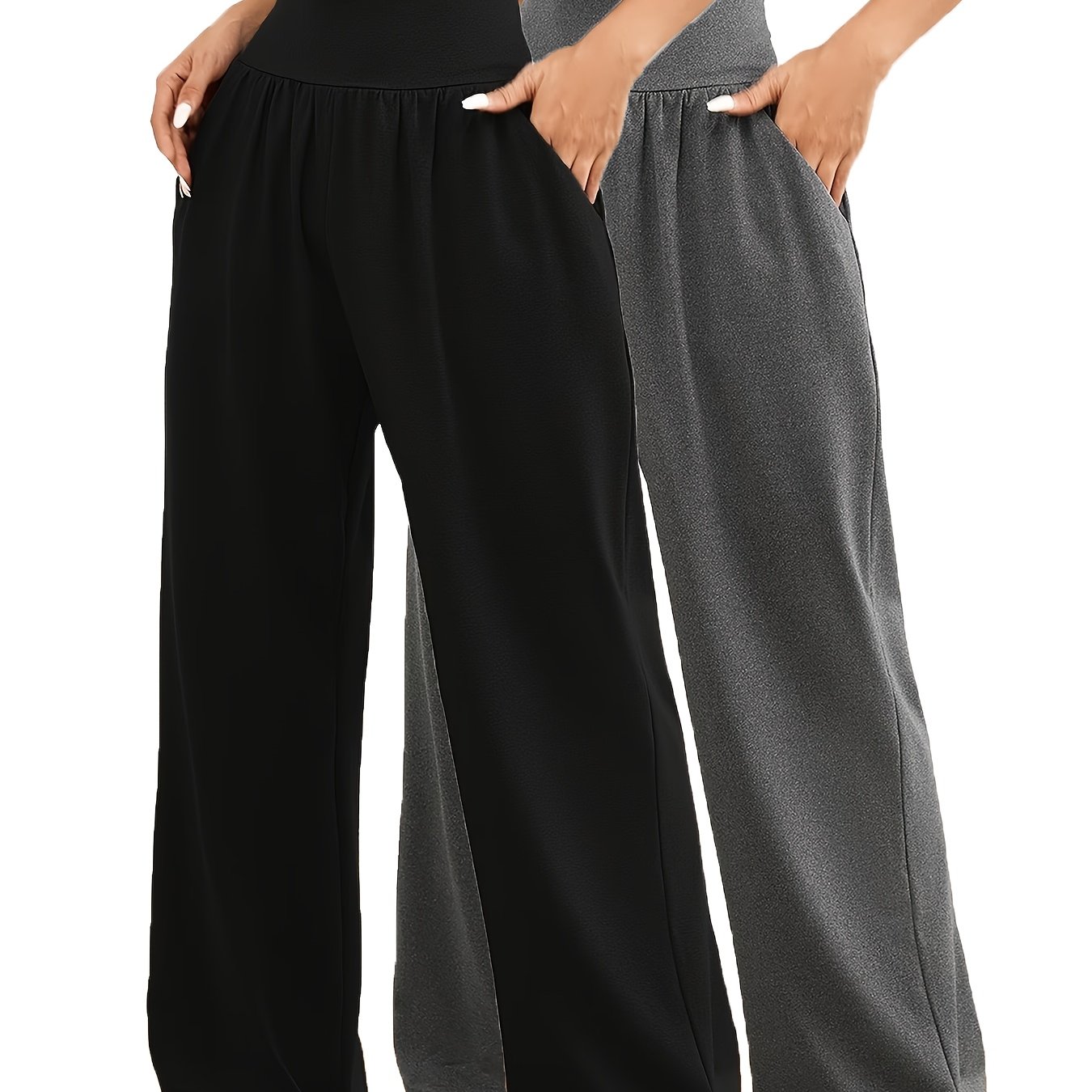 Image of 5801 2pcs Set Women's High-waist Stretchy Loose Straight-leg Pants | Solid Color, With Pocket Details, , Suitable For And Weekend