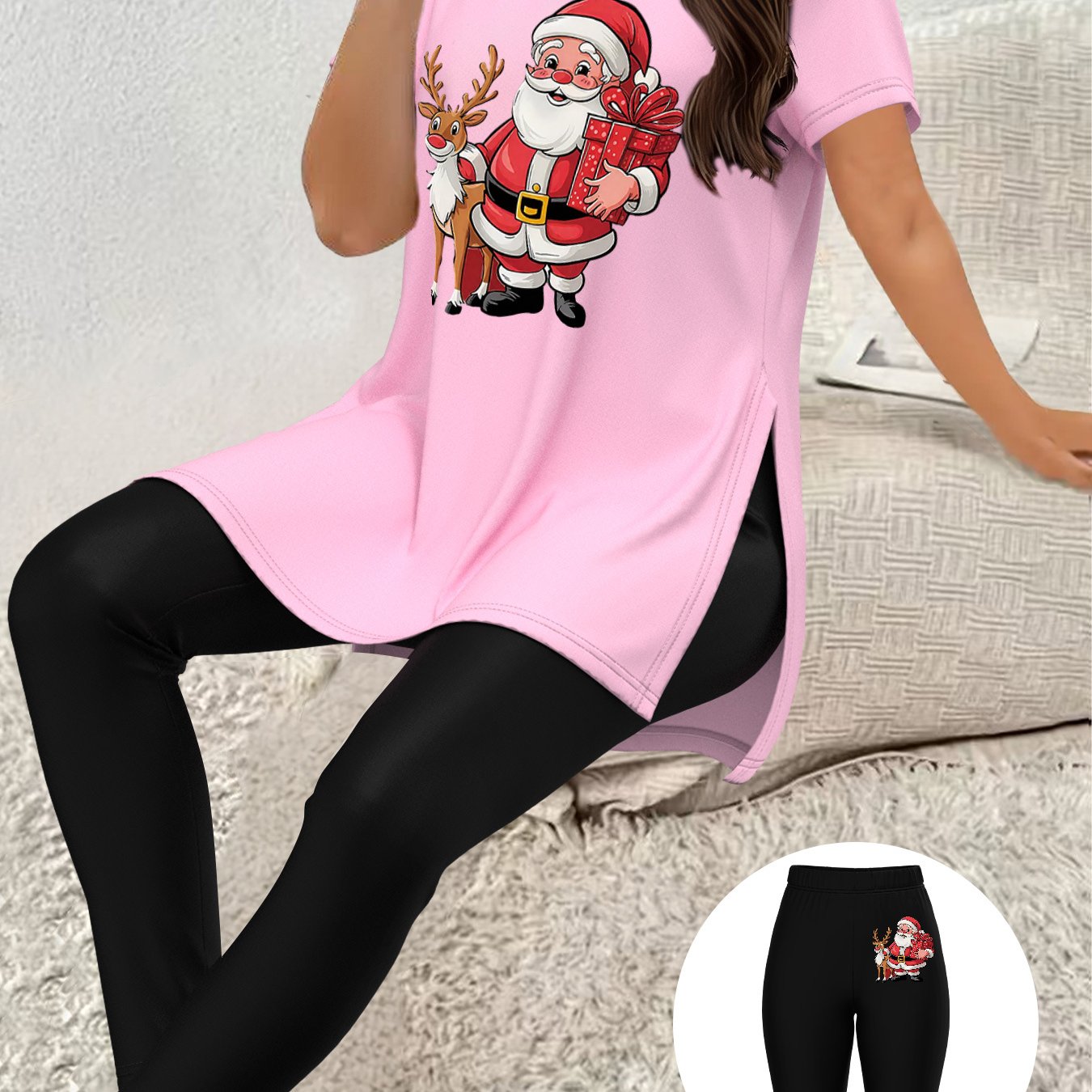 TEMU A Women's Casual Printed Short-sleeve Top With Leggings, Featuring A Round Neck With Slit Details And Made From Stretchy Fabric With Regular