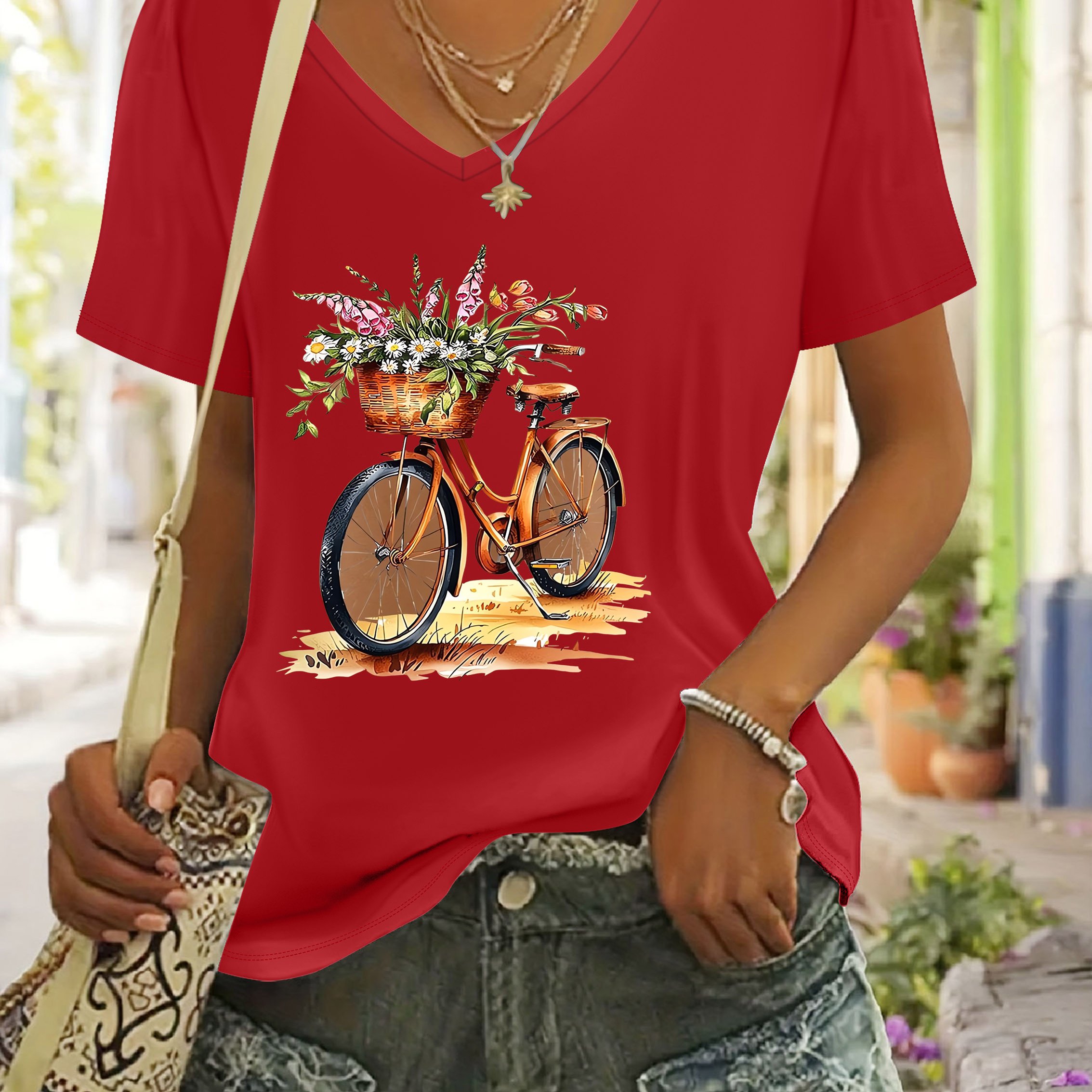 TEMU Women's Spring Summer Fashion Casual Short Sleeve V-neck T-shirt, Fresh Bicycle Basket Floral Literary Style, Comfortable And Close-fitting