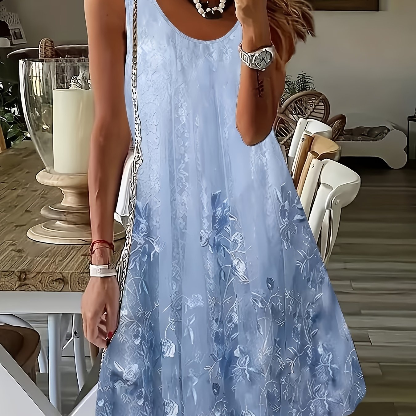 Image of Plus Size, [printed Design - Not Textured]plus Size Women's Fashion Elegant Gradient Color Plant Print Sleeveless A-line Casual Spring Summer Dress Print Dress Not Lace