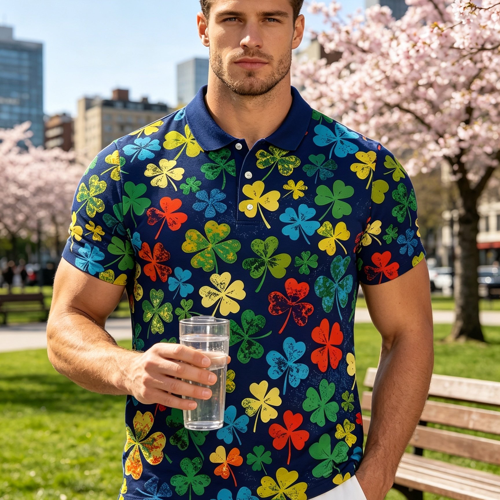 TEMU [printed Design-not Textured] Summer Men's Navy Blue Turn- Collar Short-sleeve Shirt With Colorful Distressed Clover Print, Comfortable Collared