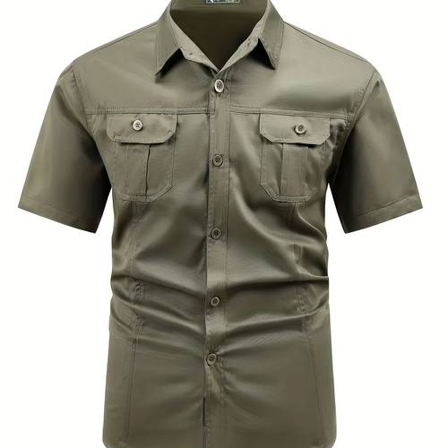 mens casual cargo short sleeve shirt with button pockets solid color non stretch fabric regular fit for weekend casual wear