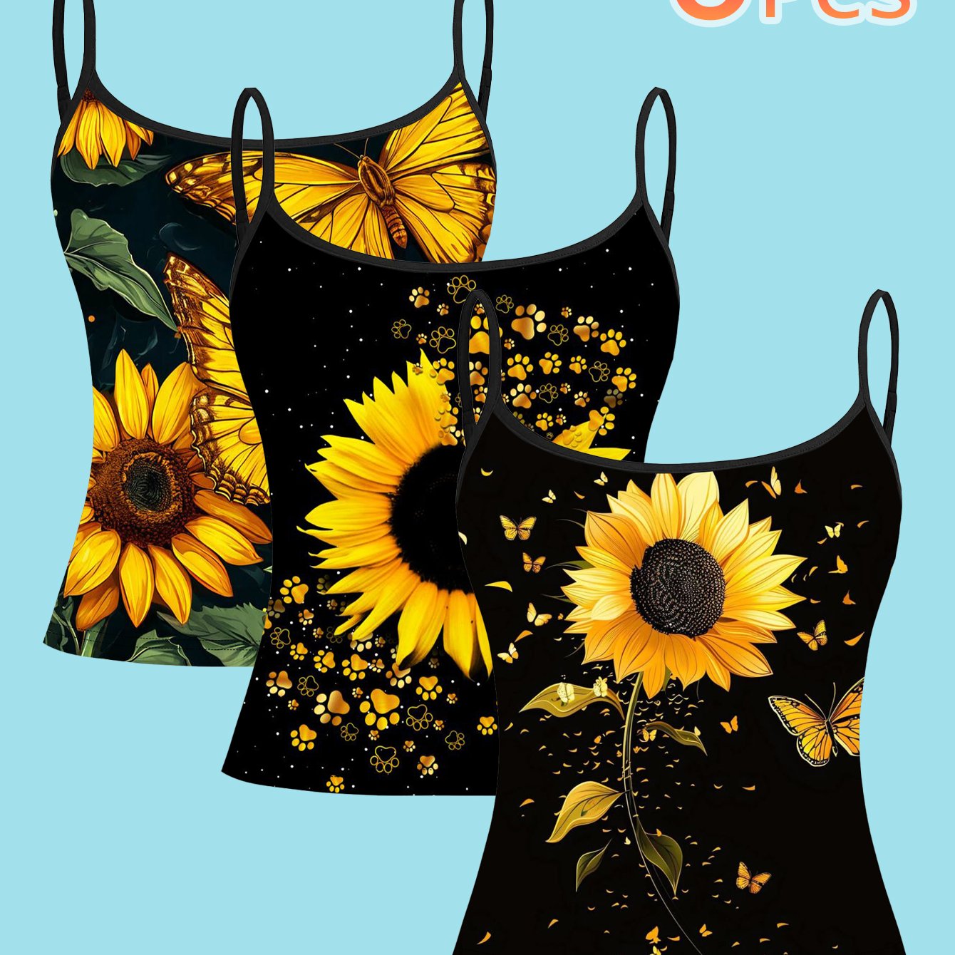 TEMU 3pcs Set Exquisite Paw Print Sunflower Totem Women' Strap Camisole Top, Light Luxury Date-style Top