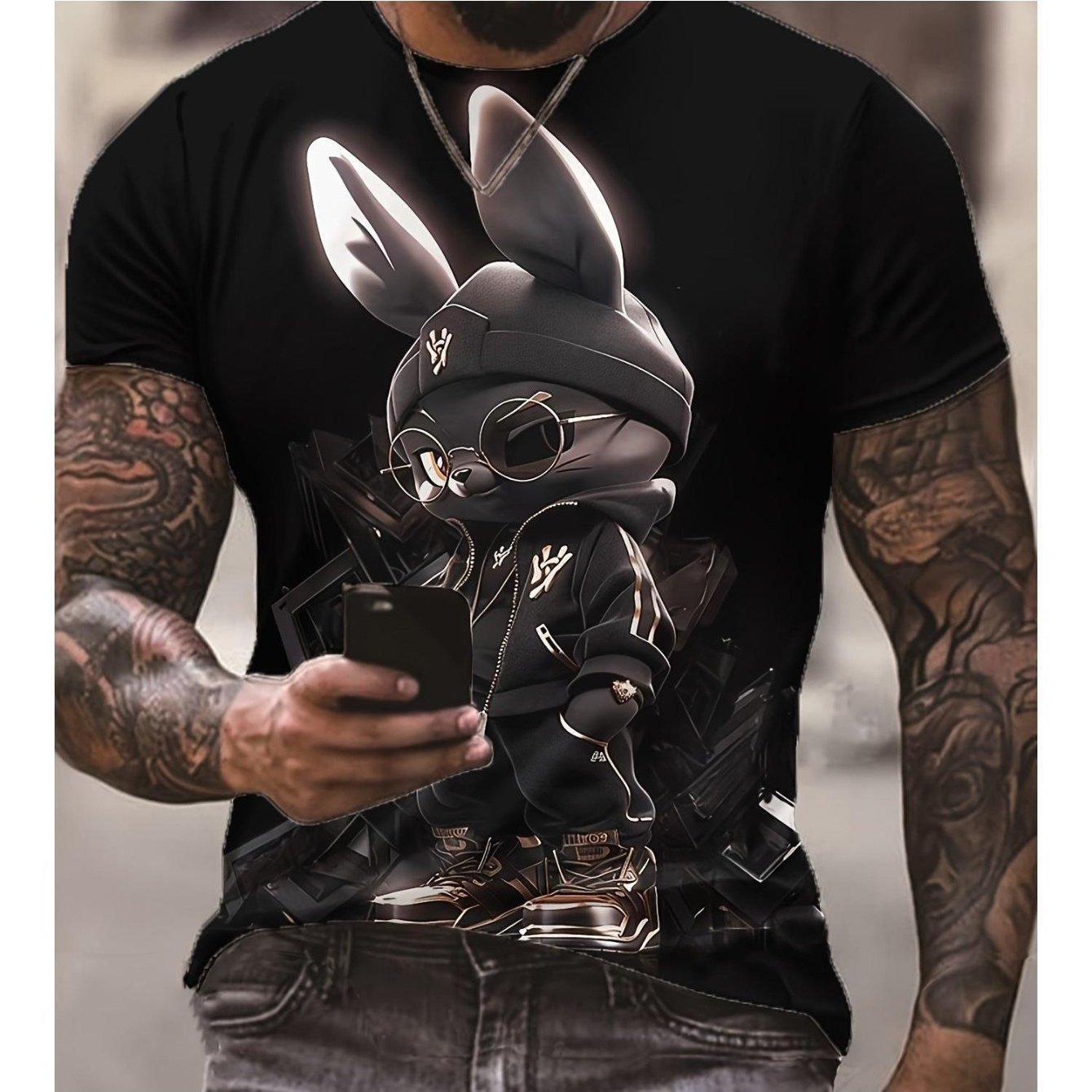 Image of Men' S 3d Cool Rabbit Print T- Shirt, Casual Round Neck Short Sleeve Top, 100 Knitted Fabric, , Regular Fit, Summer Streetwear- 180gsm