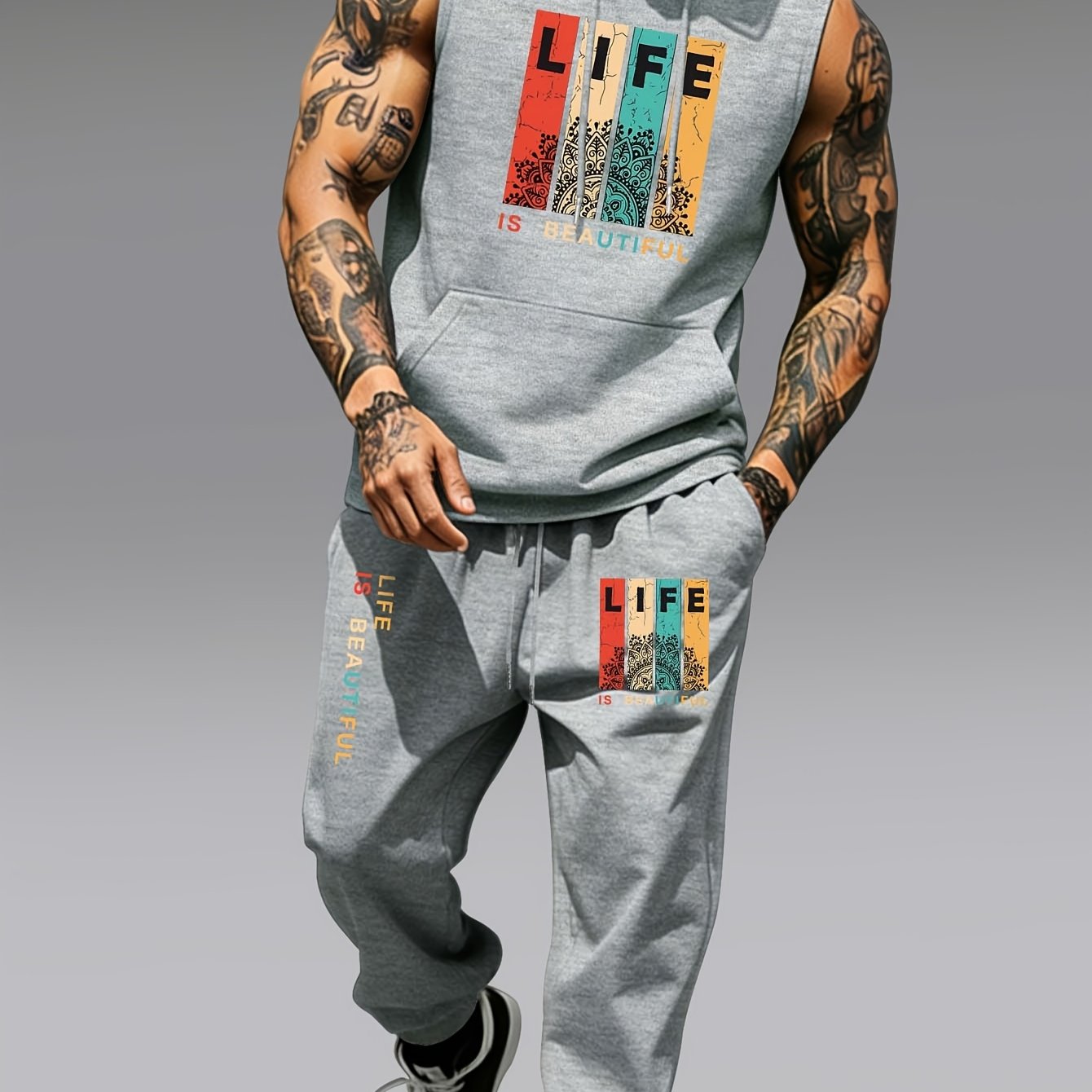 TEMU Popular Men's Spring Summer Autumn Sports Fitness Outdoor Casual Hooded Vest And Pants Set