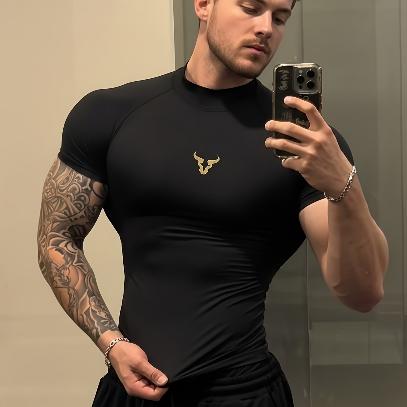 TEMU 1pc Men's Muscle Fit Compression Shirt, Mock Neck Short Sleeve Tee With Logo, High Stretch Breathable, Soft And Comfortable Top For Gym
