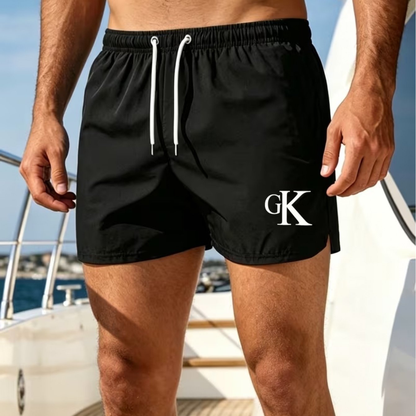 TEMU Men's Beach Shorts, Casual Sports Shorts For Outdoor Activities, Featuring Gk Monogram Elements, Suitable For The Beach, Seaside, Tennis,