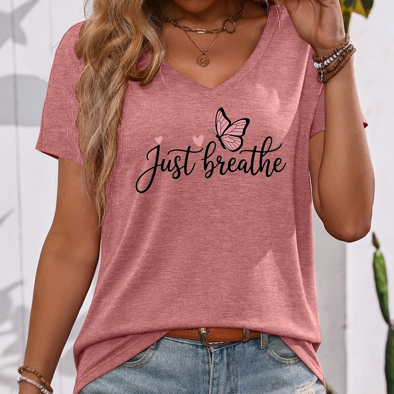 TEMU Pink , A Pattern Print Featuring 2 Small With The "just Breathe" Lettering On A Printed Short-sleeve V-neck T-shirt. Casual And Versatile,