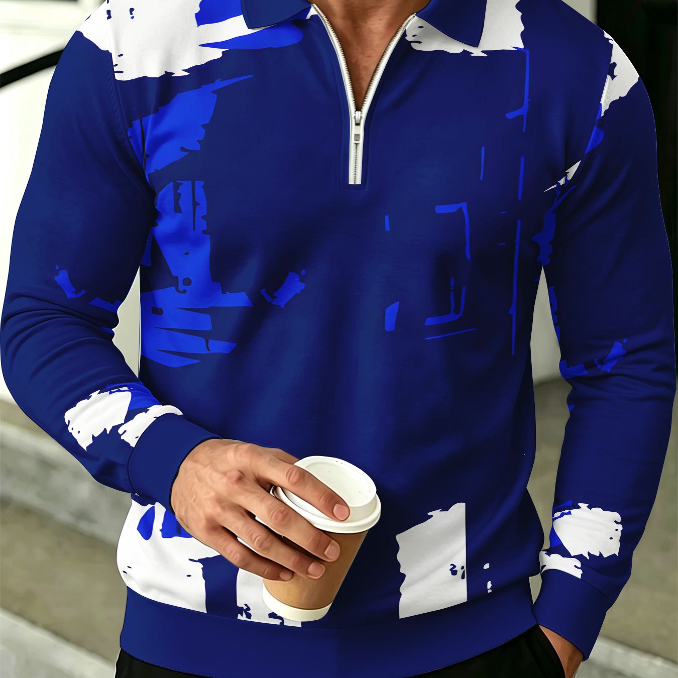 TEMU Color-block Men's Long Sleeve Shirt, 3d Print Lapel Half-zip Casual Top With Royal And Irregular White Ink Splatter Design, Spring/autumn