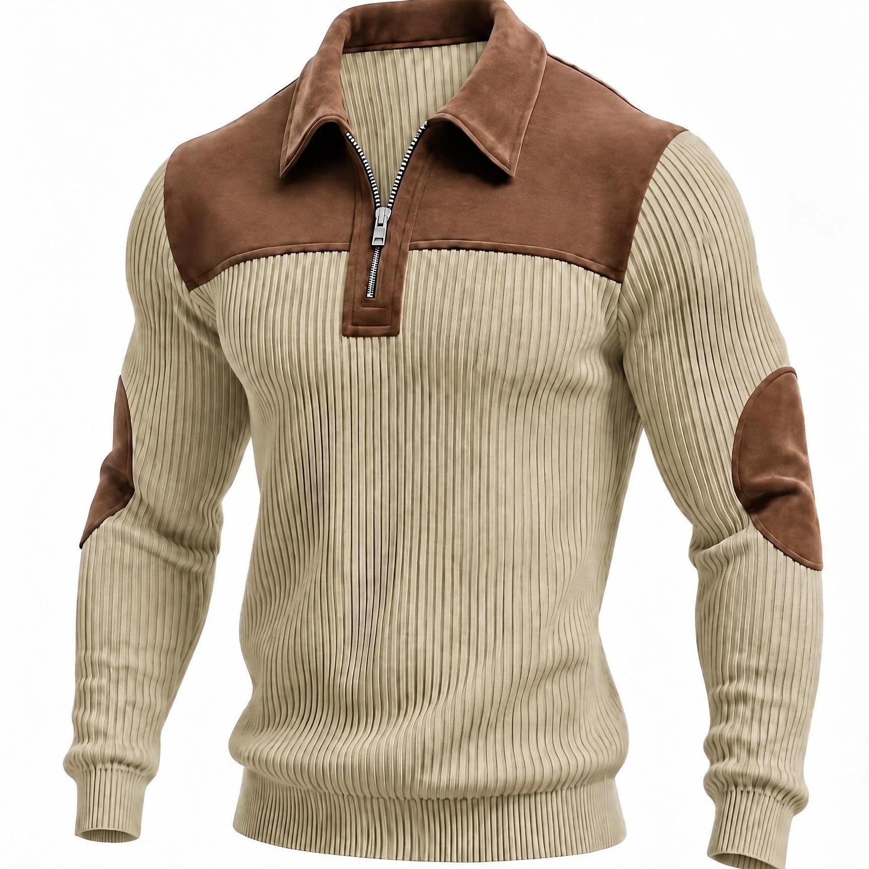 TEMU Autumn Winter Men's Long Sleeve Jacquard Knit Shirt Christmas Gift Thick Contrast Striped Casual Stand Collar Zipper Pullover Shirt Henley Top
