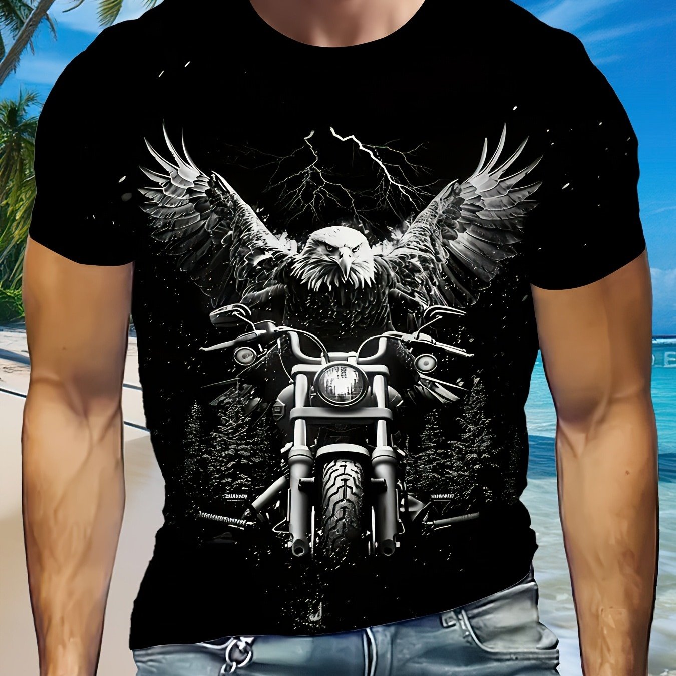 TEMU Men's Vintage Motorcycle Rider T-shirt With & Lightning Graphic Print - & Biker Design, Breathable Round Neck Short Sleeve Tee For Casual &