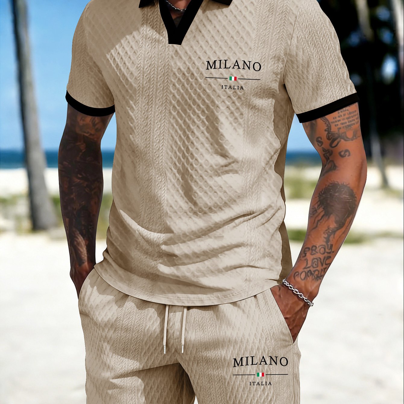 TEMU Men's Short Sleeve Random Texture V-neck Suit, Diamond Jacquard Breathable T-shirt And Athletic Shorts, Men's Wear