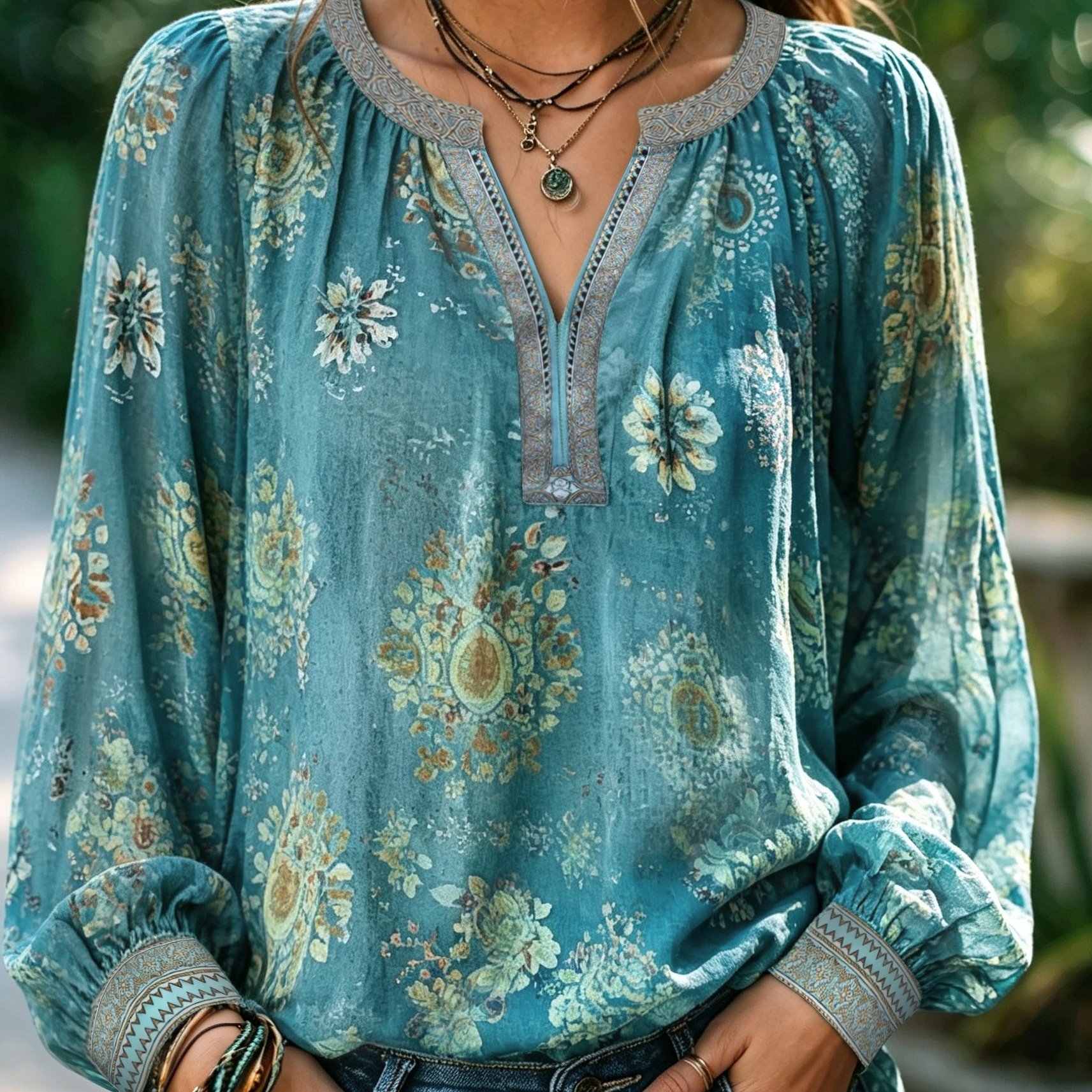 TEMU 2026 New Bohemian Style Shirt Long Sleeve Flowing Top V-neck Henley Neck Detail /elastic Neck Lantern Sleeve/ Sleeve Loose Silhouette Floral