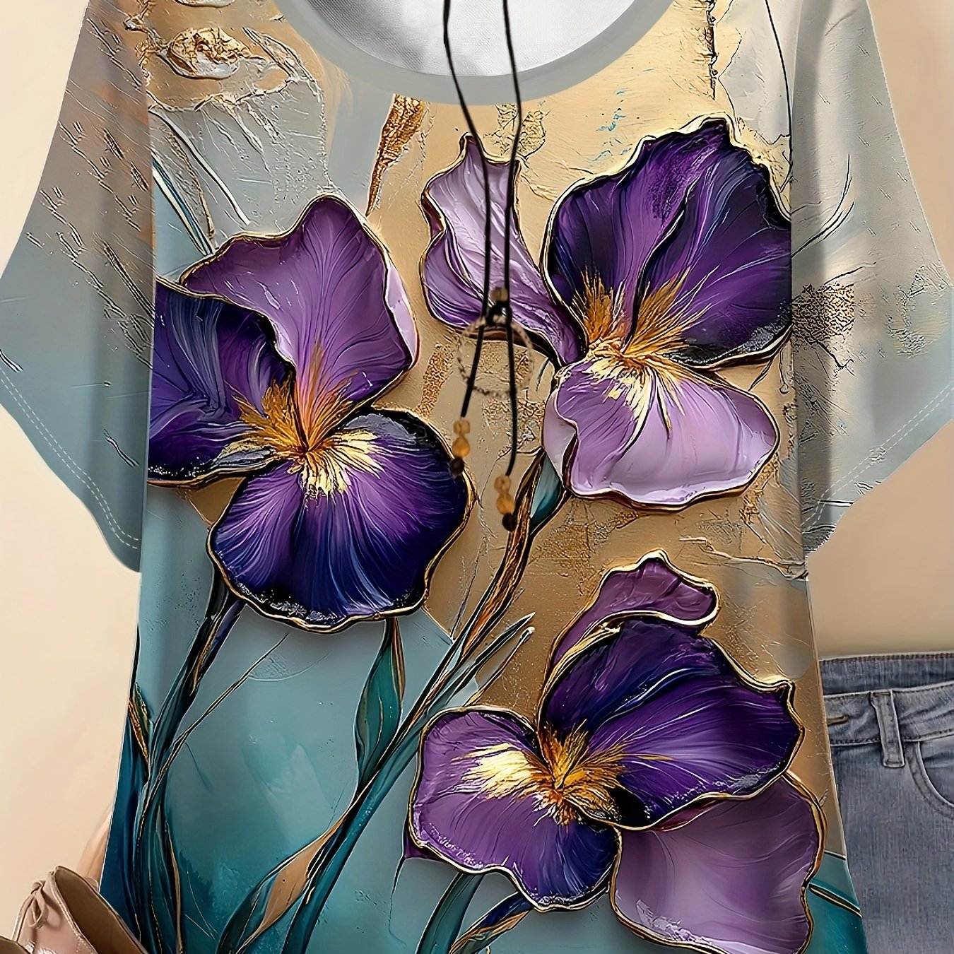 TEMU Plus Size, Women's Casual Short-sleeve T-shirt - Vintage 3d Floral Print Round Neck Top, Machine Washable, Fashionable Seasonal Design, Vibrant