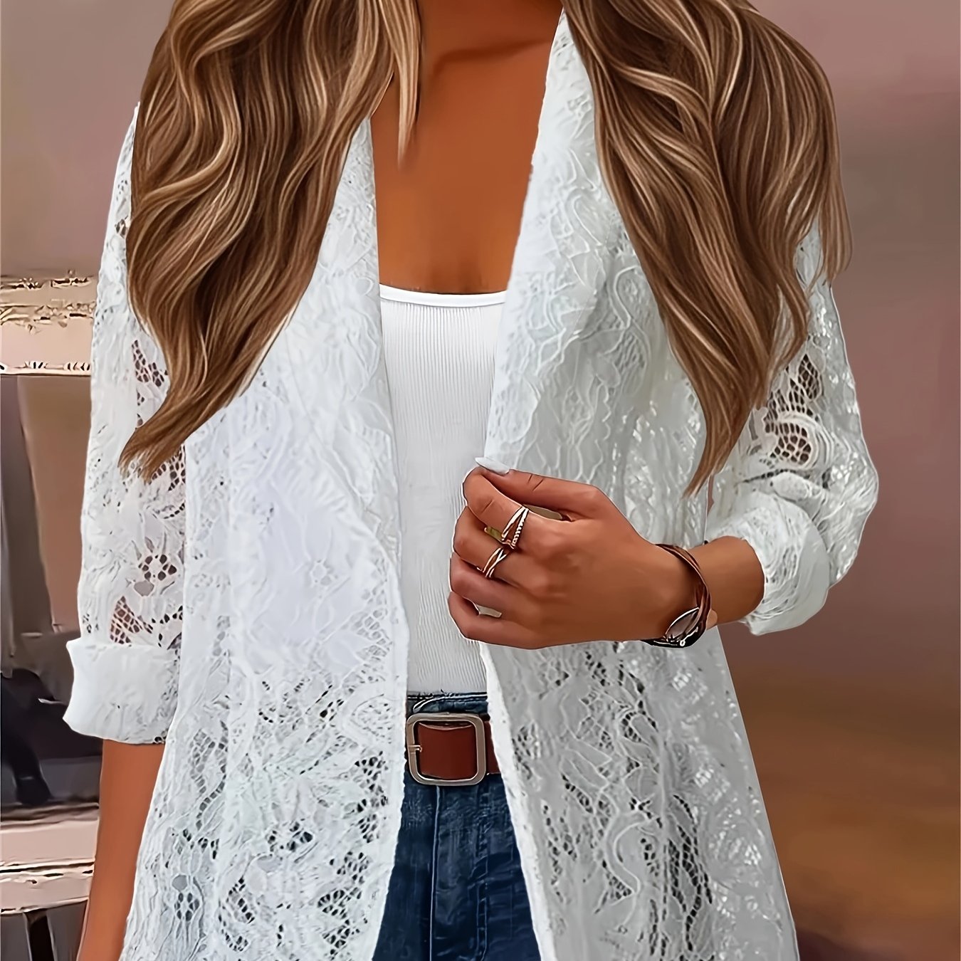 E-shop Plus-Size Damen Leichter Transparenter Cardigan-Jacken - Mittelöstlich Inspiriert mit Eleganter Umlegekragen, Maschinenwaschbar für