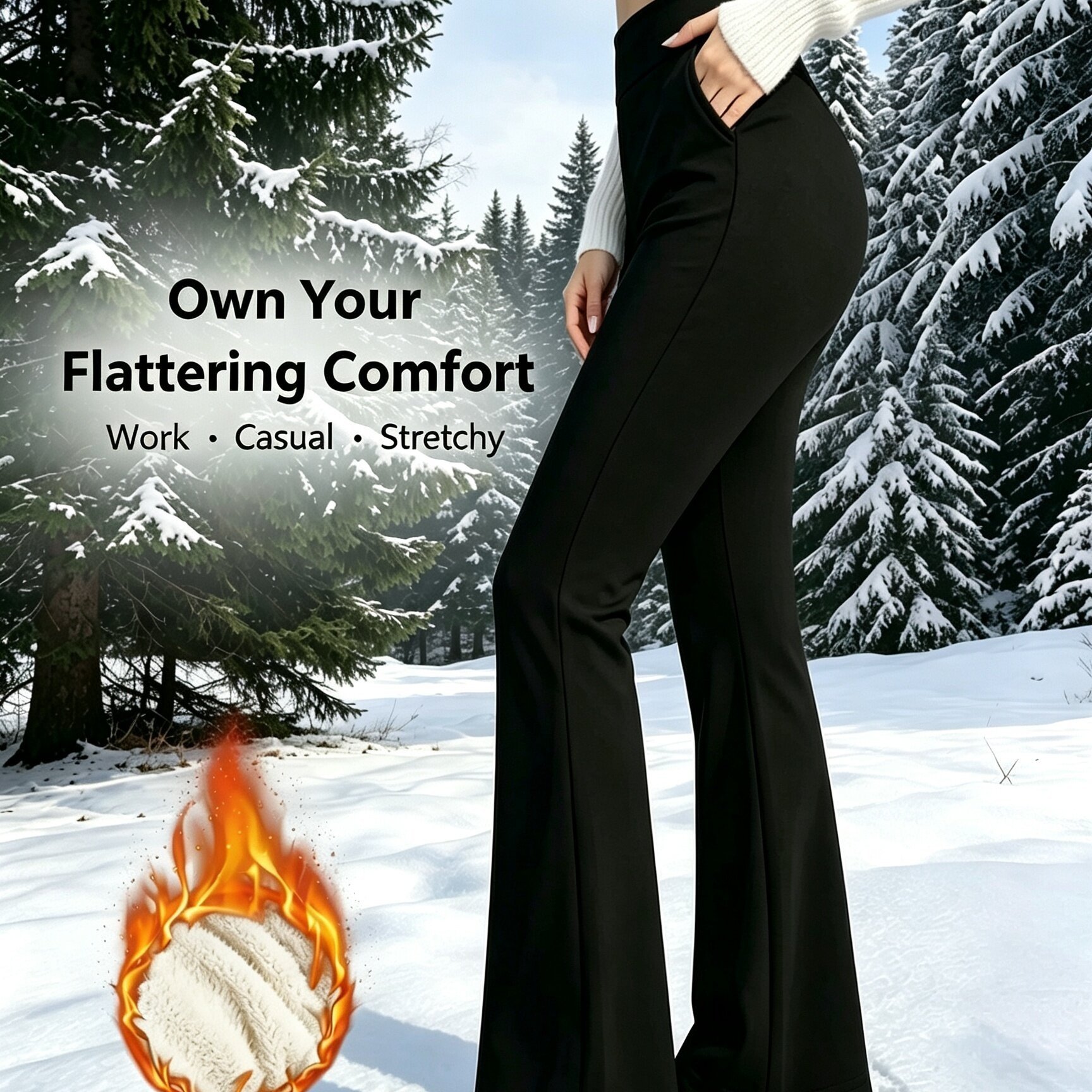 TEMU Women's High Waist Flare Pants With Pockets, Winter Fleece Lined Casual Long Trousers, Slim Tummy Control Soft Versatile Daily Bottoms