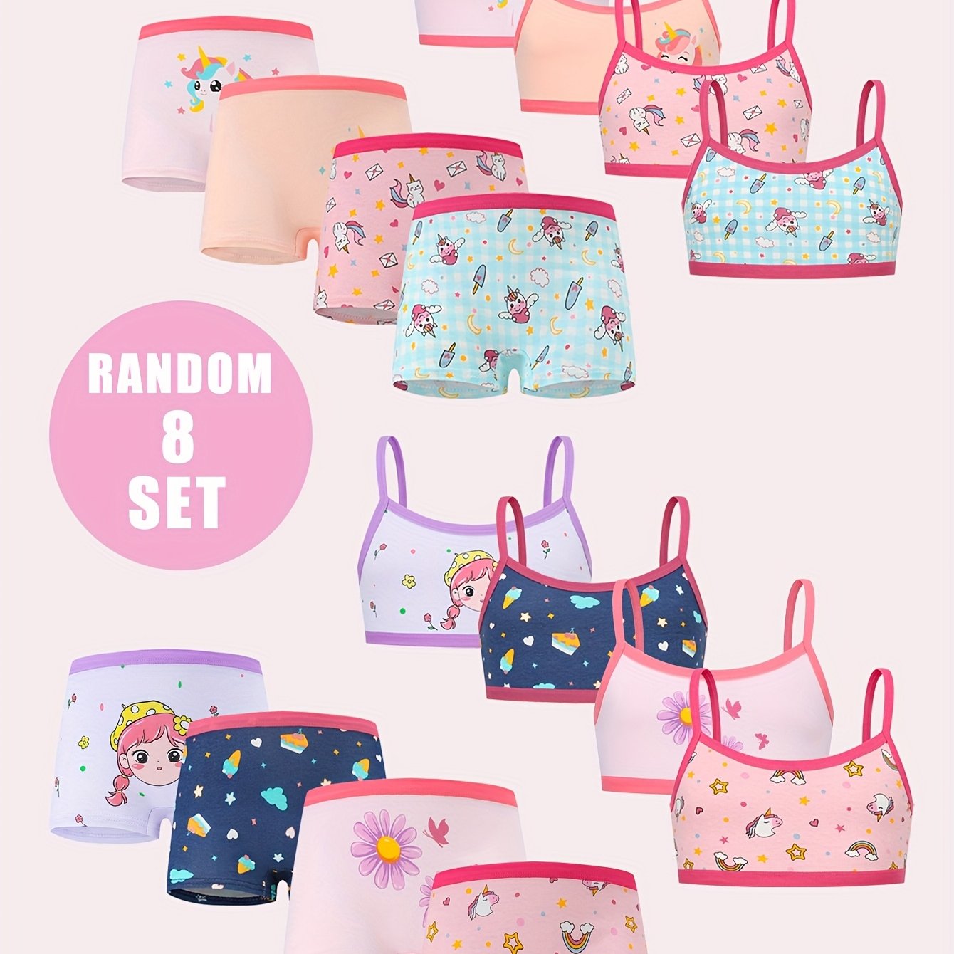 Random 8 Sets/16pcs Youth Girls Vest And Panties Set Cute Animal Pattern Elastic Comfortable Girls Underwear Set