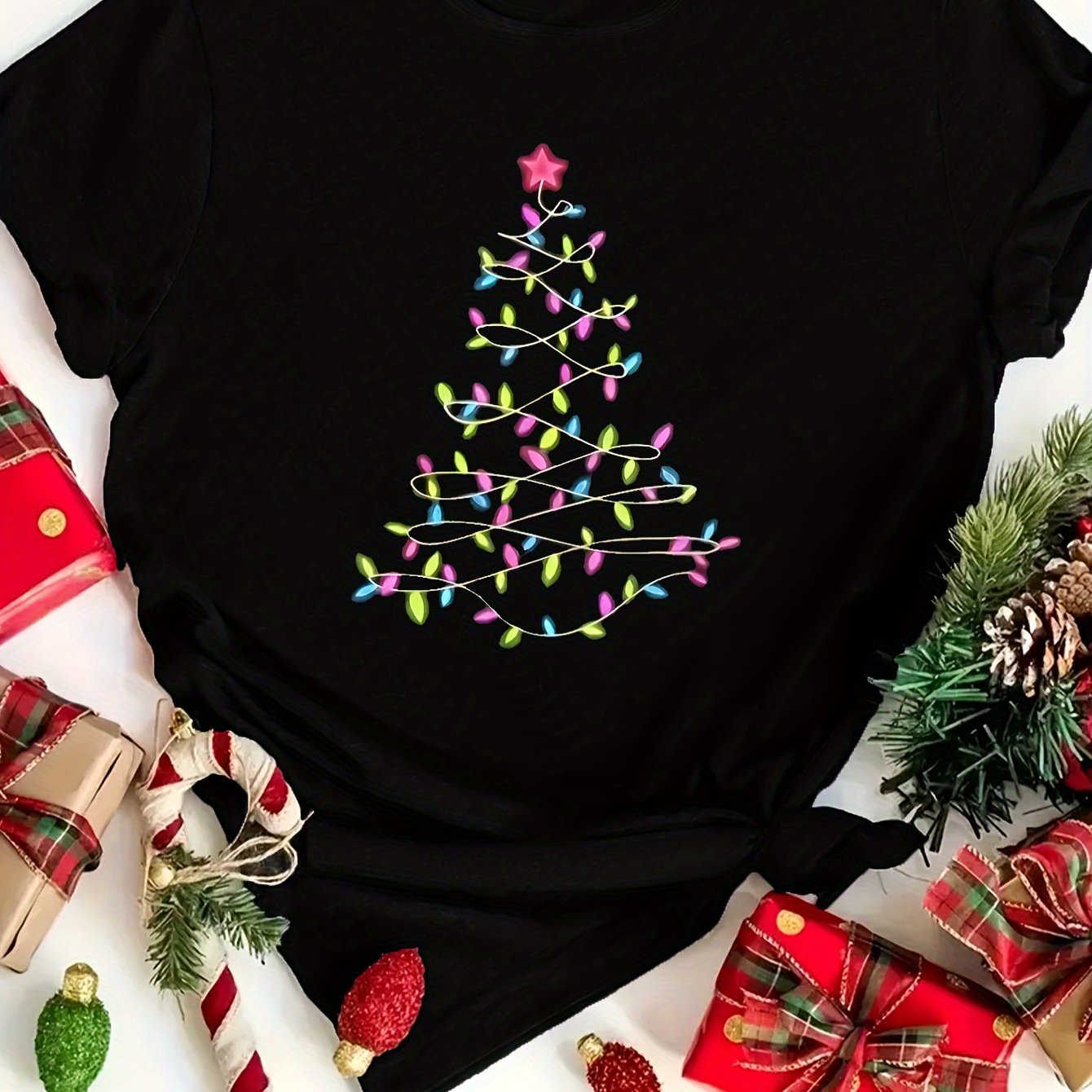 TEMU Women's Christmas Tree Print T-shirt - Casual Crew Neck, Short Sleeve Top, Breathable Polyester & Spandex , Machine Washable