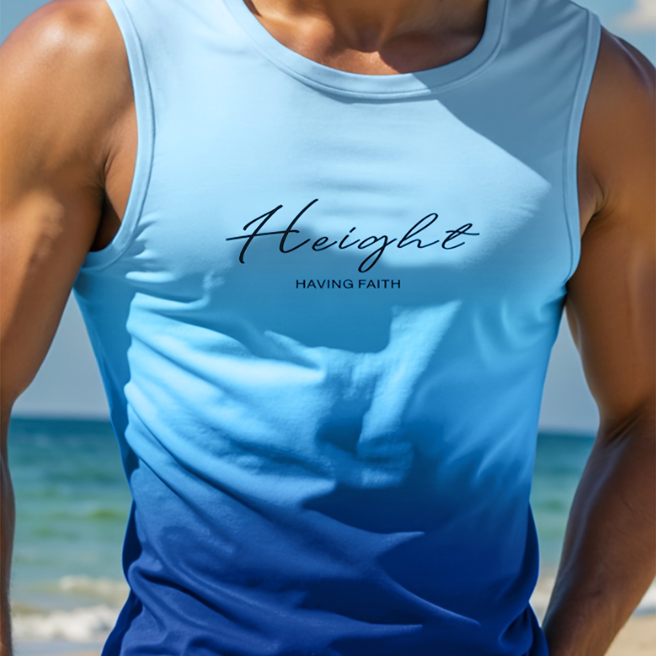 TEMU Men's Gradient Sleeveless Tank Top With Print, Breathable Round Neck Casual Shirt, Suitable For Summer, Beach And Daily Wear - Machine Washable,