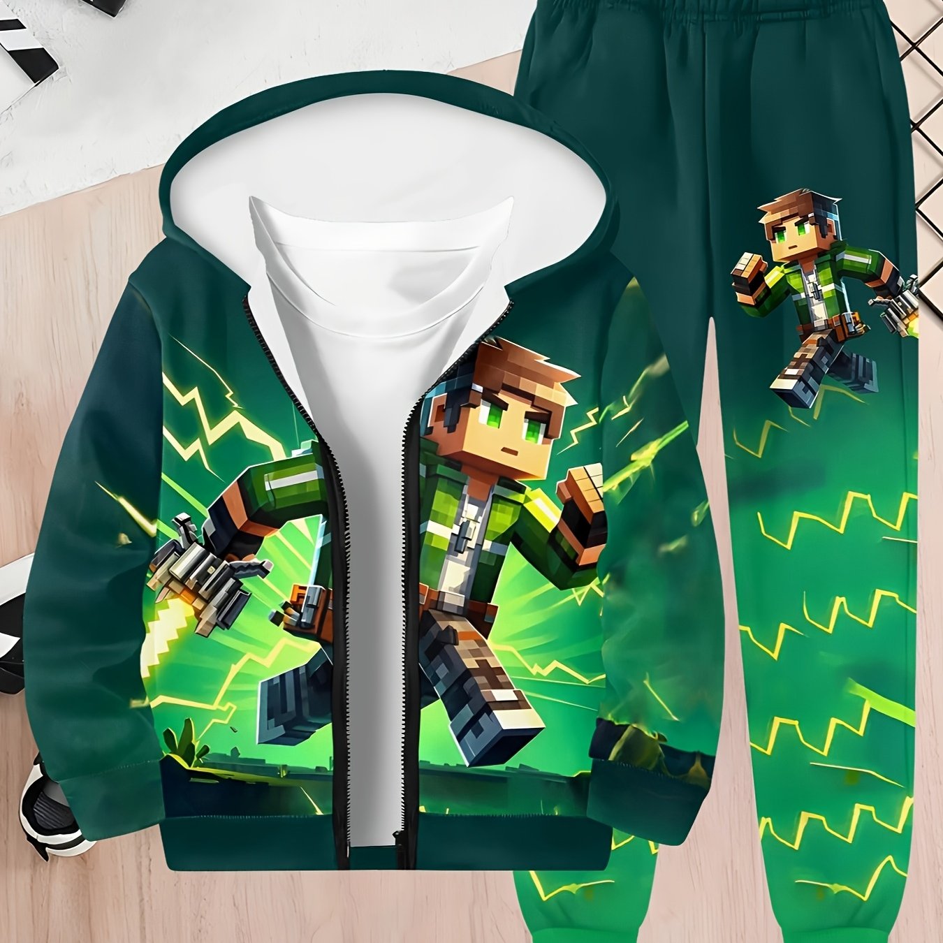 Image of A Stylish 3d For Boys Featuring Lightning And Running Cartoon Characters, Including A Casual Zip-up And Pants, Perfect For Outdoor Leisure Activities And Autumn, Halloween