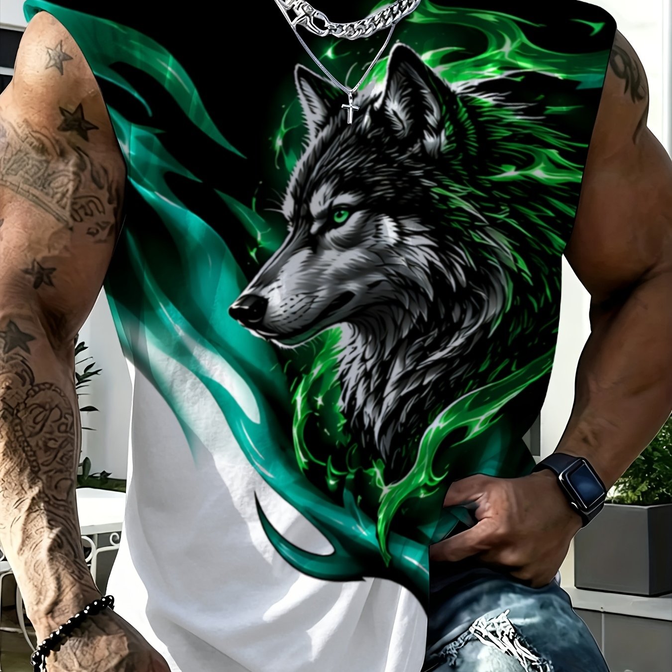 TEMU Men's Sleeveless Vest With Black-green-white Gradient And Wolf Head Print, Trendy Sporty Fitness Vest, Summer Casual Versatile Outerwear For