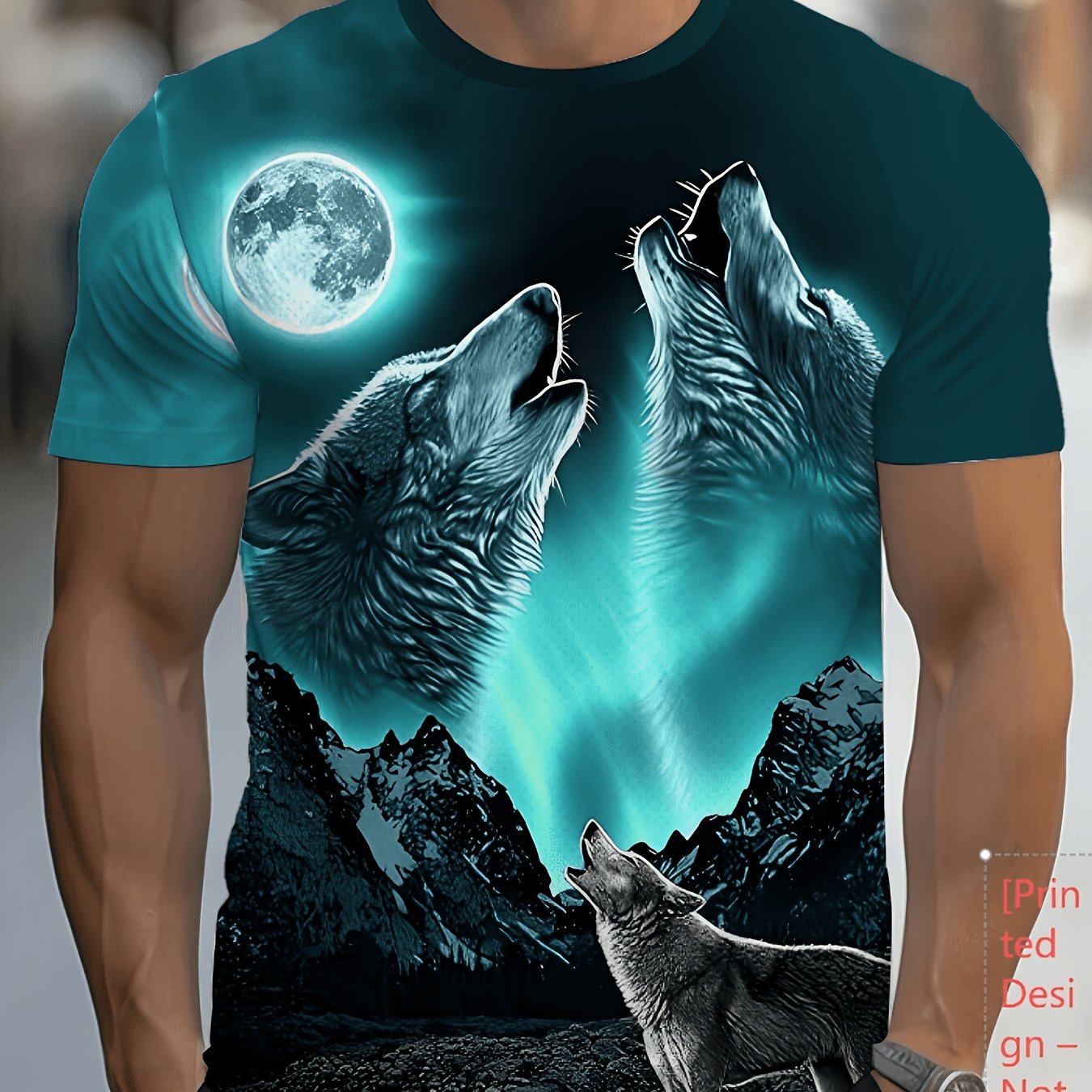 TEMU Men's Print Wolf Pack Mountain Night Scene T-shirt - Vivid Wolf And Design, Casual Short Sleeve Crewneck Top, Machine Washable For Outdoor Daily