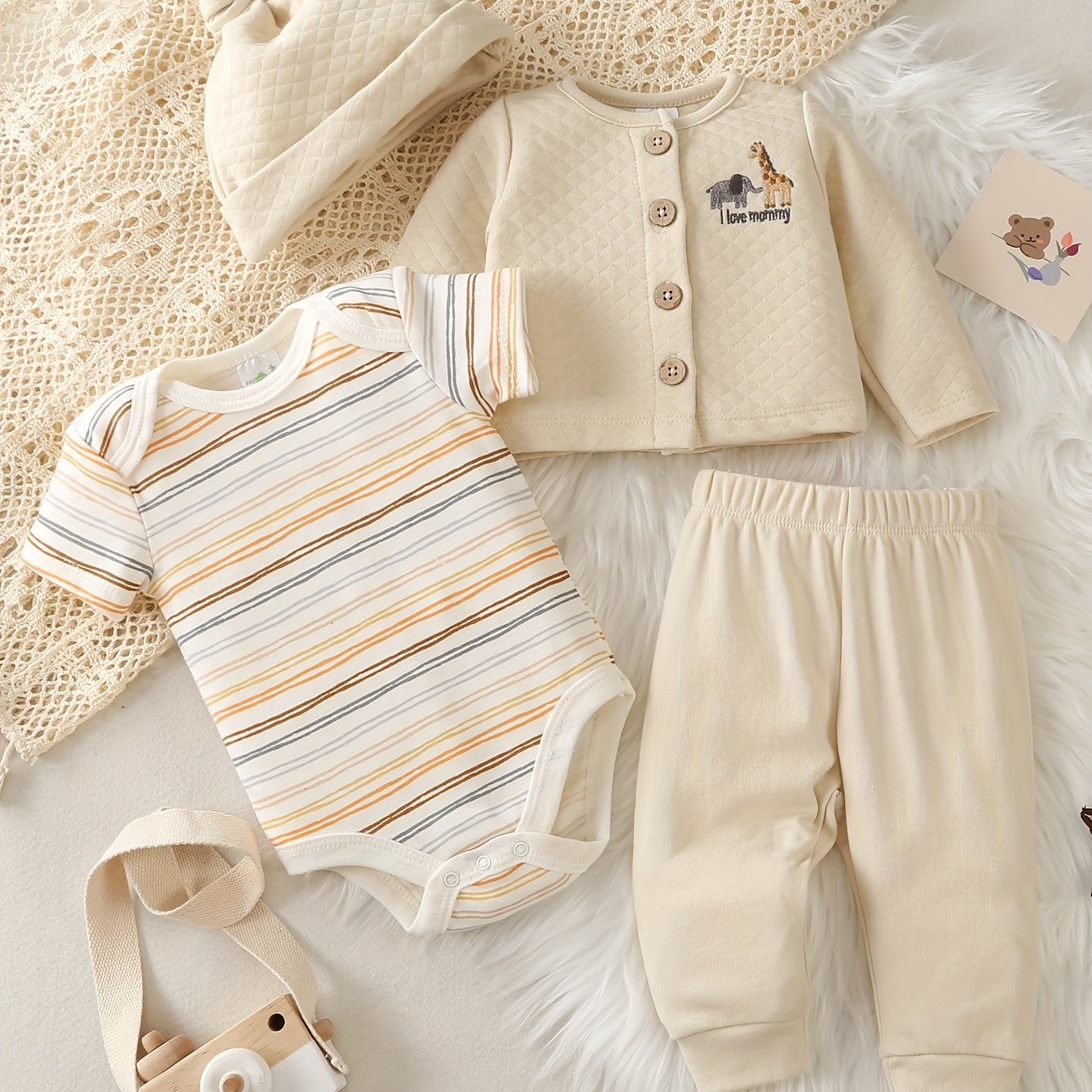 Image of Four-piece Autumn And Winter Set For Baby Boys Featuring A Cartoon Giraffe Design In Light Beige, With Long Sleeves And A Hat, For Outdoor