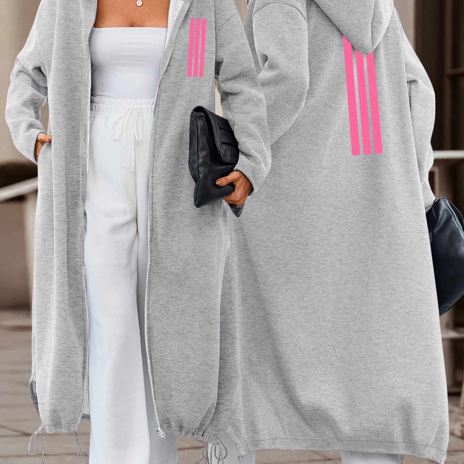 TEMU Autumn/winter Women's Casual Fashion Long Hooded Jacket With Front And Back Print, Pink 3 Vertical Stripes Decorative Pattern, Comfortable And
