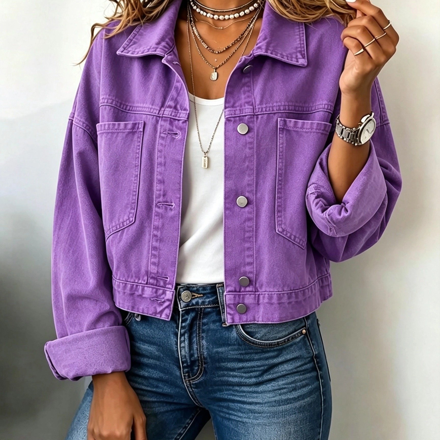 TEMU Vintage Purple Denim Jacket, Women's Loose Long-sleeve Button- Casual Outerwear