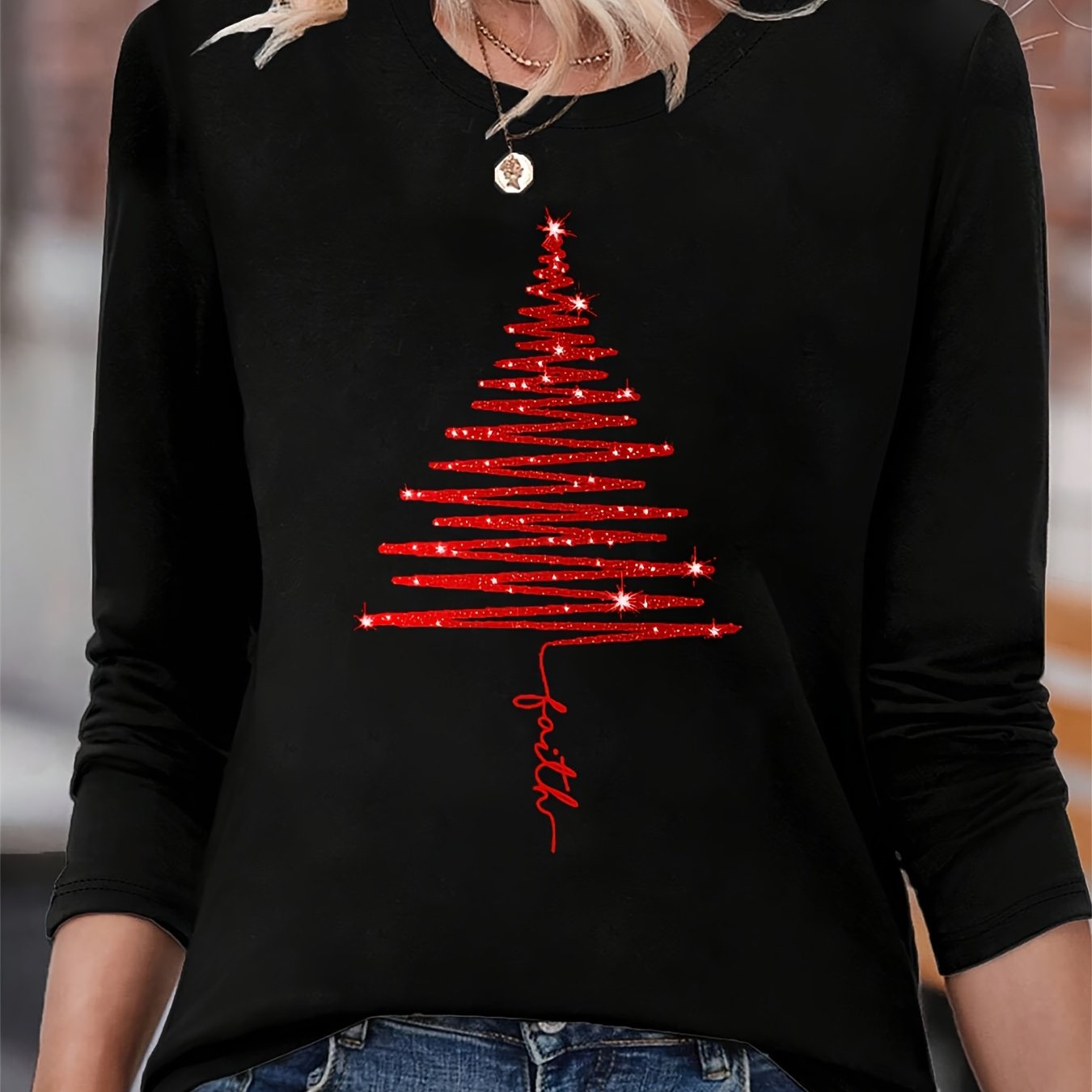 TEMU Women's Long Sleeve T-shirt For Christmas, Featuring A Black Tree Print With A Red Patterned Round Neck. Suitable For Casual , Holiday Parties,