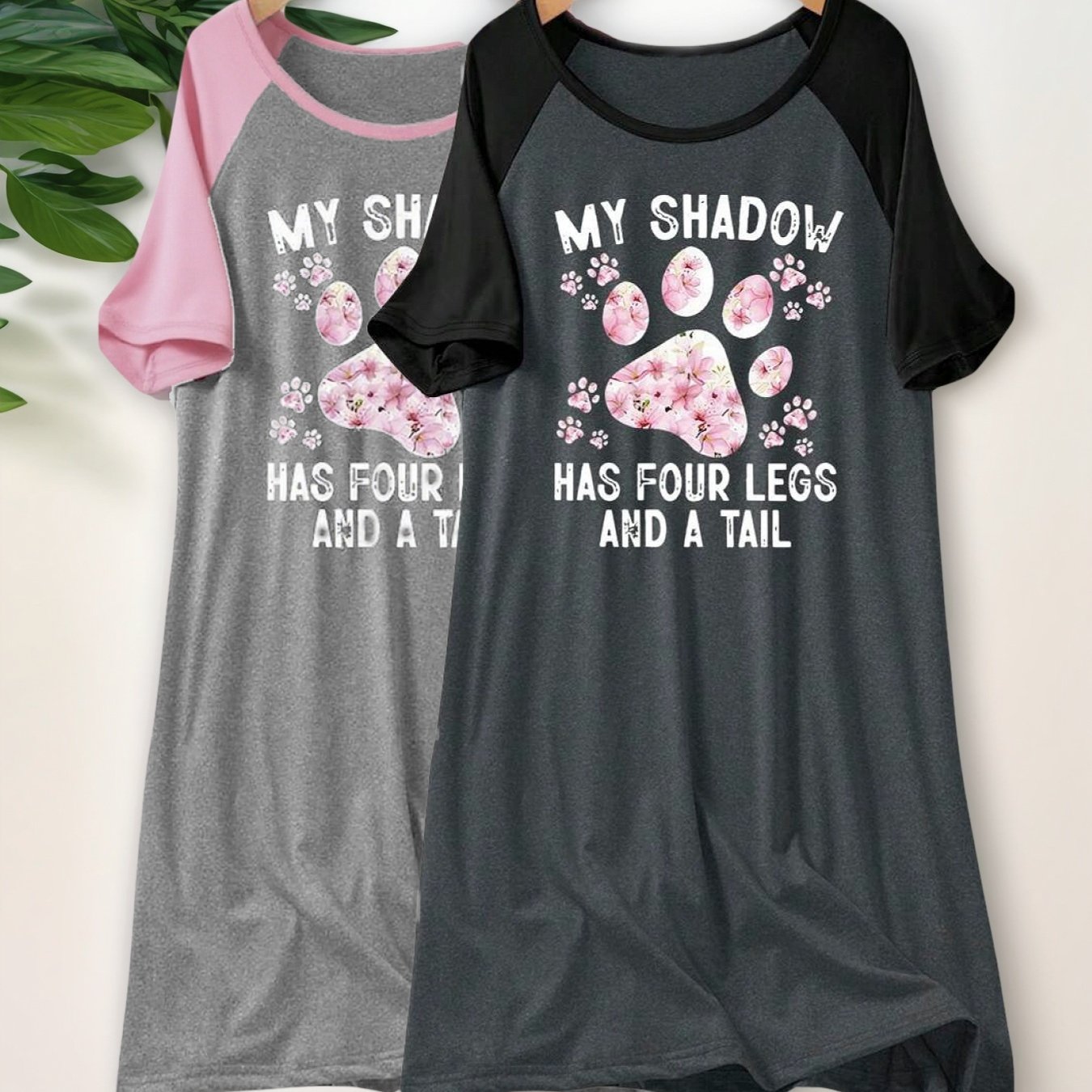 Image of 2pcs Women's Plus Size Sleepwear Set - Cute Cartoon Print & Color-, Soft Polyester Nightgown With "my Have 4 Legs And A Tail" Print, Comfortable Sleepwear For , Cute Sleepwear