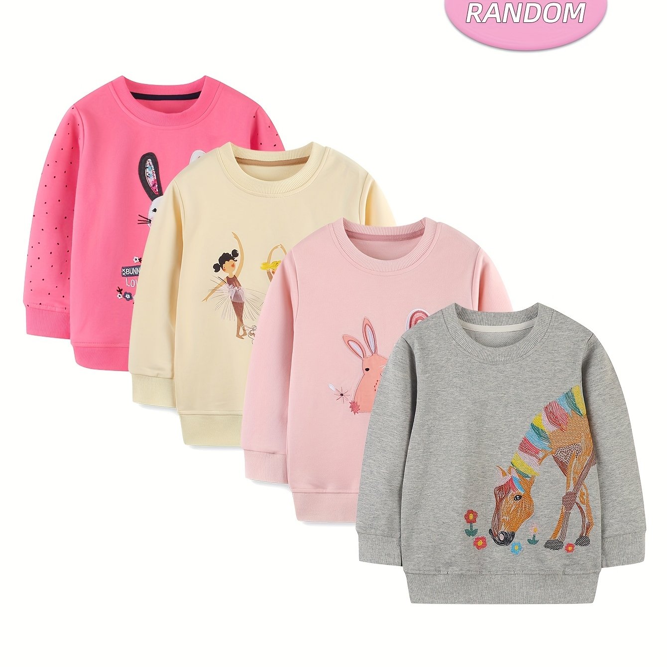Image of Random 2pcs Set Spring/autumn Girls' Sweatshirt, Fashionable Cartoon "rabbit" And "ballet" Pattern, Girls' Pure Casual Outdoor Crew Neck Base Layer, Easter New Year Gift