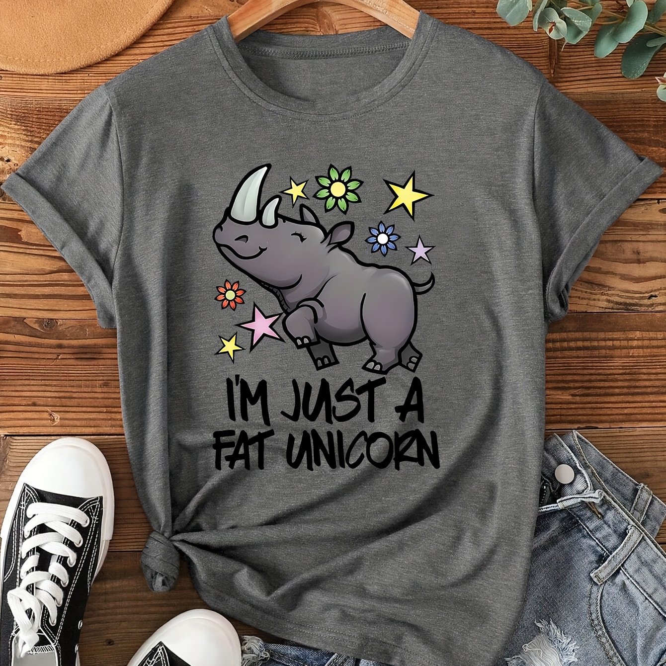 TEMU 1pc Women's Short-sleeve Chubby Unicorn Self-deprecating: Edition Unicorn Cute Humorous Print Crew Neck Casual Fashion Commuting Style Winter
