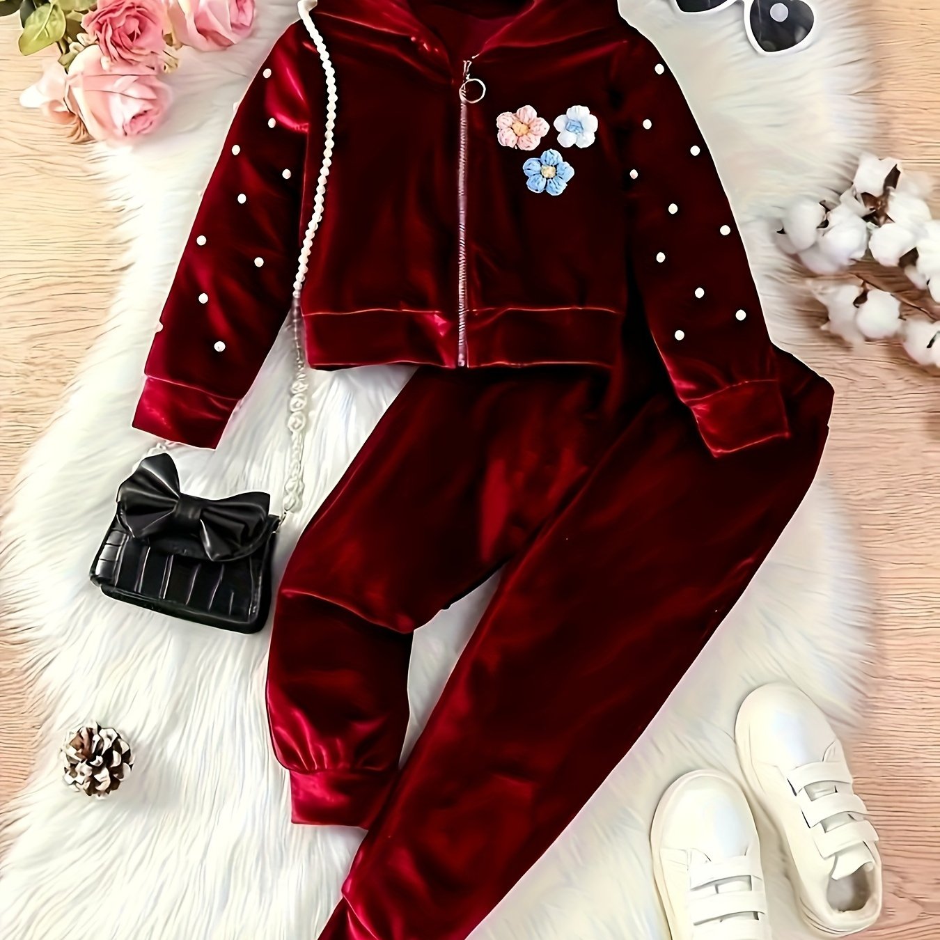 Image of 2pcs Velvet Girls' Luxurious Long-sleeve Floral Print Hoodie And Jogger Set - Soft, Warm, And Stylish, Perfect For Winter And Autumn Parties, Perfect For Outdoor,christmas,halloween
